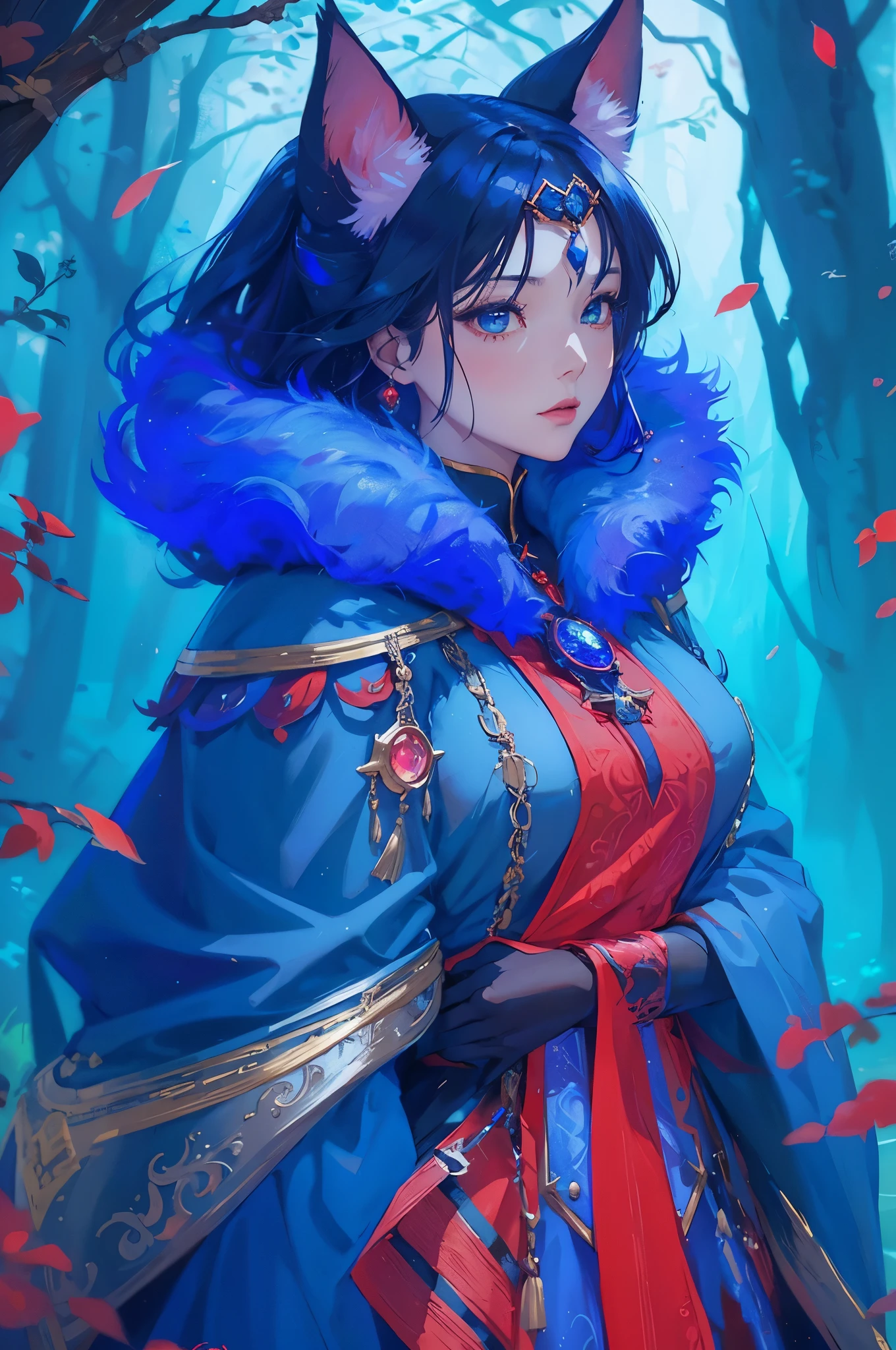 a woman in a blue dress and red cape with a cat ears, alice x. zhang, by Yang J, black - haired mage, fantasy art style, beautiful character painting, anime fantasy illustration, inspired by Li Mei-shu, portrait of a female mage, fanart best artstation, artwork in the style of guweiz, by Li Song