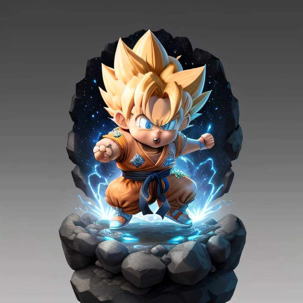 Goku as Super Saiyan action in detailed 3D art, c4d, OC renderer. Exquisite hair, arm, shoes White & blue body, eye depiction, popmart blind box, clay texture, stepping on the land. Black/white background, natural light. High quality 8k rendering.