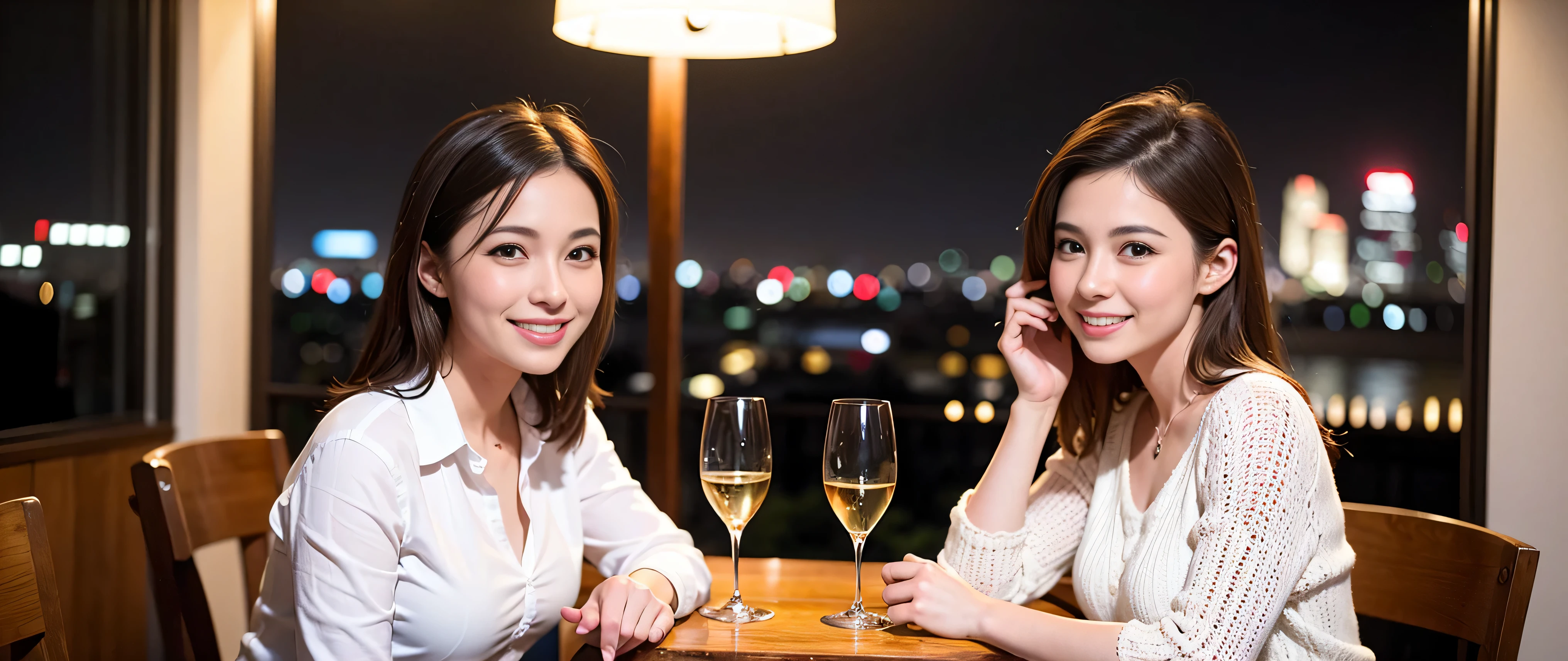 64k, Hmm, highest quality, masterpiece: 1.2), (realistic, photorealistic: 1.37), Super detailed, 3 slim beauties, (slim face),Happy、 the best smile、Fox face、Berry Short、(because I'thin), (brown hair), (shortcut), long sleeve shirt、winter fashion、Colombian、Brazilian、Japanese、Dutch、German、Portuguese、Belgian、Italian、French,Champagne、sparkling wine、 (gush out), (slim body), (brown hair), (shortcut), neat beauty、cheeks turn a little red, (35 years old), 38 years old, alone, A beautiful and detailed night view spreads out outside the window...., restaurant, wine glass is sitting, At night, in a prominent place (from the Upper body) nova frog style, actress, model, Upper body, White wine, slim, wine glass, Very beautiful night view, wine glass Put in the Middle, Happy smile, (smile: 1.15),