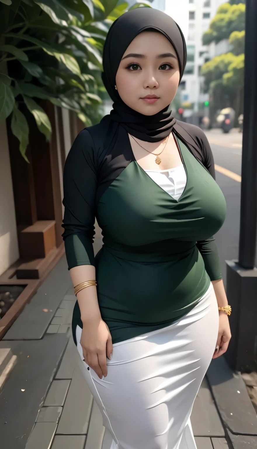 1 malay girl, modern plain hijab, shy, medium portrait, watery eyes, wearing dark green kebaya, ((big breasts)), black bokeh background, well-proportioned body,, chubby massive thighs, full body pose, wearing a necklace , wearing 10 bracelet , wearing a sneaker 