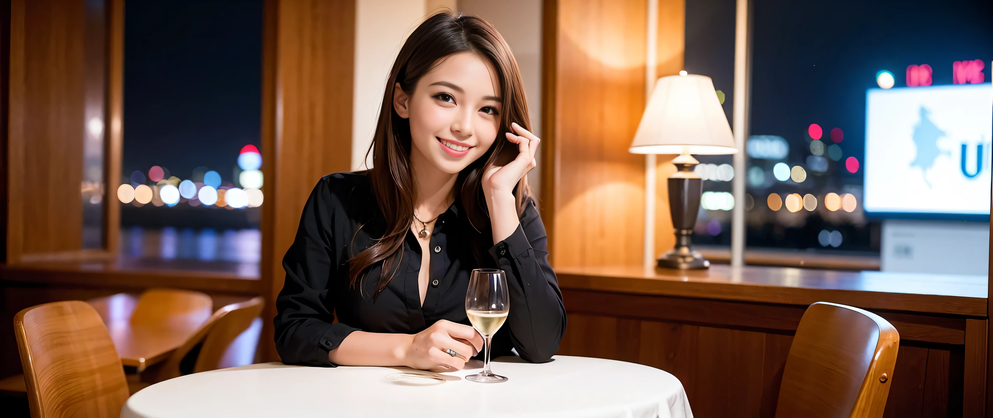 64k, Hmm, highest quality, masterpiece: 1.2), (realistic, photorealistic: 1.37), Super detailed, 3 slim beauties, (slim face),Happy、 the best smile、Fox face、Berry Short、(because I'thin), (brown hair), (shortcut), long sleeve shirt、winter fashion、Colombian、Brazilian、Japanese、Dutch、German、Portuguese、Belgian、Italian、French,Champagne、sparkling wine、 (gush out), (slim body), (brown hair), (shortcut), neat beauty、cheeks turn a little red, (35 years old), 38 years old, alone, A beautiful and detailed night view spreads out outside the window...., restaurant, wine glass is sitting, At night, in a prominent place (from the Upper body) nova frog style, actress, model, Upper body, White wine, slim, wine glass, Very beautiful night view, wine glass Put in the Middle, Happy smile, (smile: 1.15),