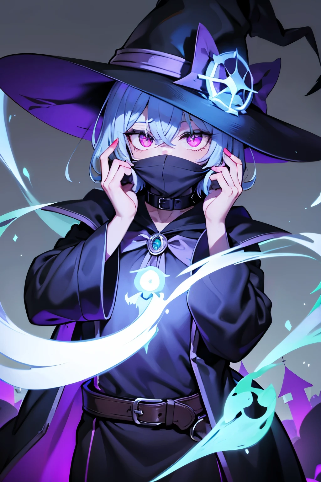 A mage with a big brimmed hat and their collar covering their face except for their glowing eyes, solid color eyes, glowing, spirits, halloween!