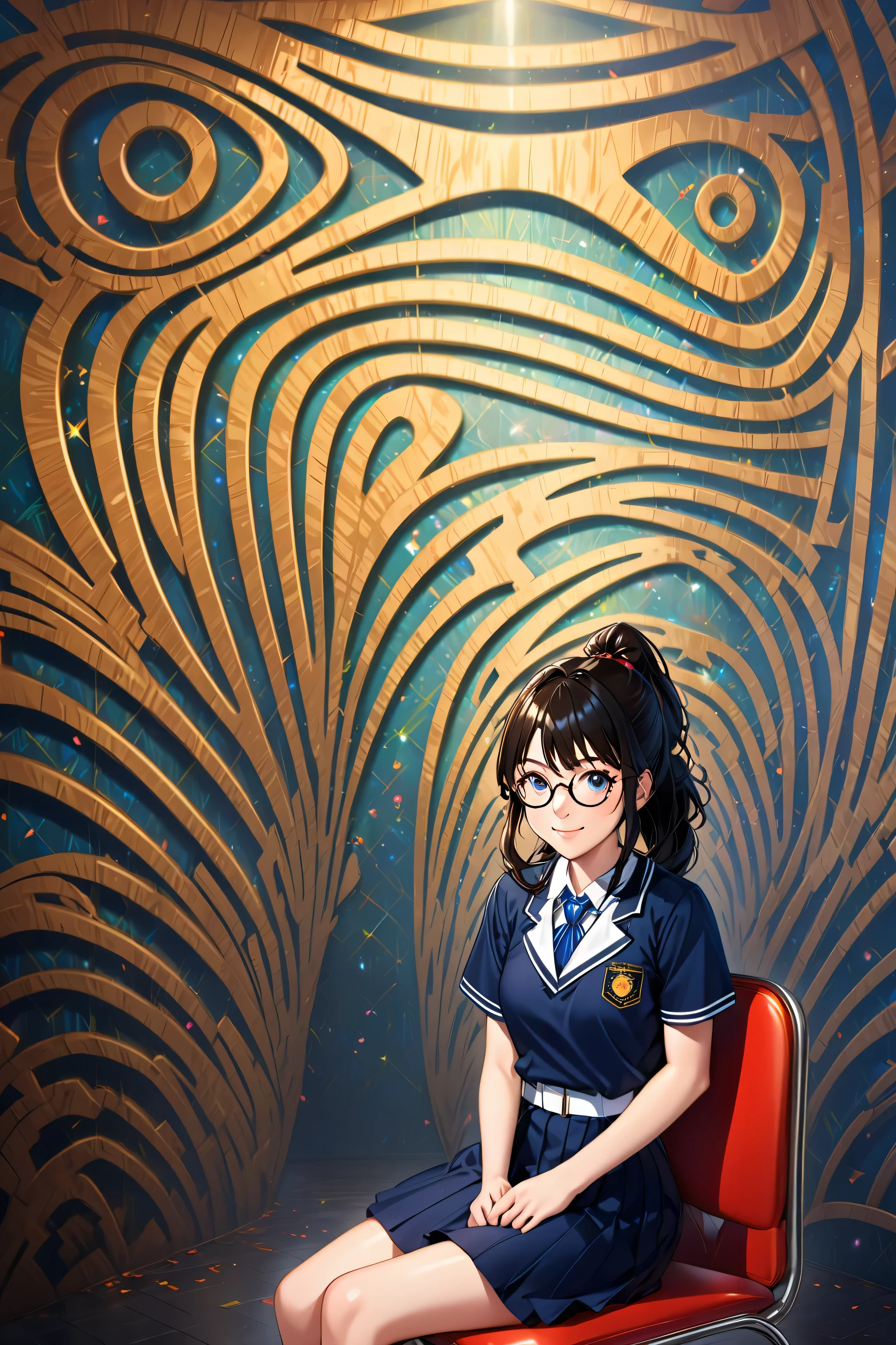 Cartoon of a woman sitting on a chair, anime moe art style, real high school girl, anime girl, as an anime character, girl in uniform, visual novel sprites, anime style, cyber high school girl, uniform background, round glasses、black hair ponytail、adult、smile
