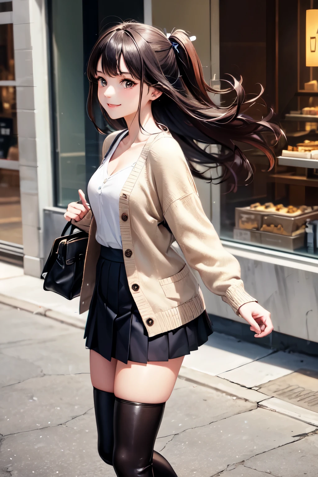 very cute and beautiful girl,teen,(highly detailed beautiful face),white blouse,
(smile),cowboy shot,looking at viewer,
(beige cardigan:1.2) BREAK zettai ryouiki,brown shoulder bag,(brown boots),
dynamic pose,hair ornament,black hair,(pleated black mini skirt:1.2),(skirt fluttered in wind),white panties,
standing in front of cake shop show window,downtown street,crowd,people,
(best quality,masterpiece:1.2),absurdres,highres,ultra-detailed,extremely detailed,32k,8k resolution,
intricate details,cinematic scene,detailed background,solo,dynamic angle,
natural lighting,hair fluttering in the wind,beautiful detailed sky,