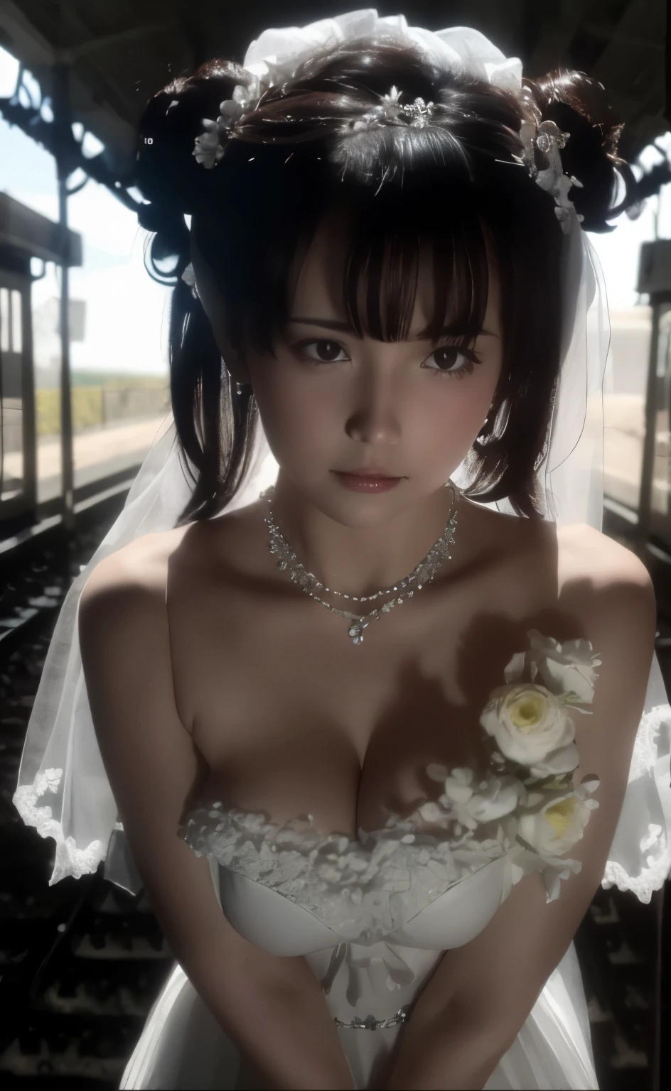 (((Pixel perfect, Perfect details))), alone, 1 girl，bride, yuigahama yui,  美丽bride穿美麗婚紗的特写,Gurwitz, (((bride頭紗)))，（transparent short veil），blush，eye shadow，Blushing face，Head flower，headgear，((bouquet))，((((tube top wedding dress))))，(((strapless wedding dress))),(bare shoulders)，pure white dress，(necklace)，((earrings))，(large breasts:1.3)，Bangs，lipstick，((White long elbow gloves)),Half-length photo,High-detail RAW color art,White long skirt,There is a railway track next to it，(standing on the railroad tracks:1.3),18 years old, （long twintails：1.5）,(double bun:1.5), black hair,