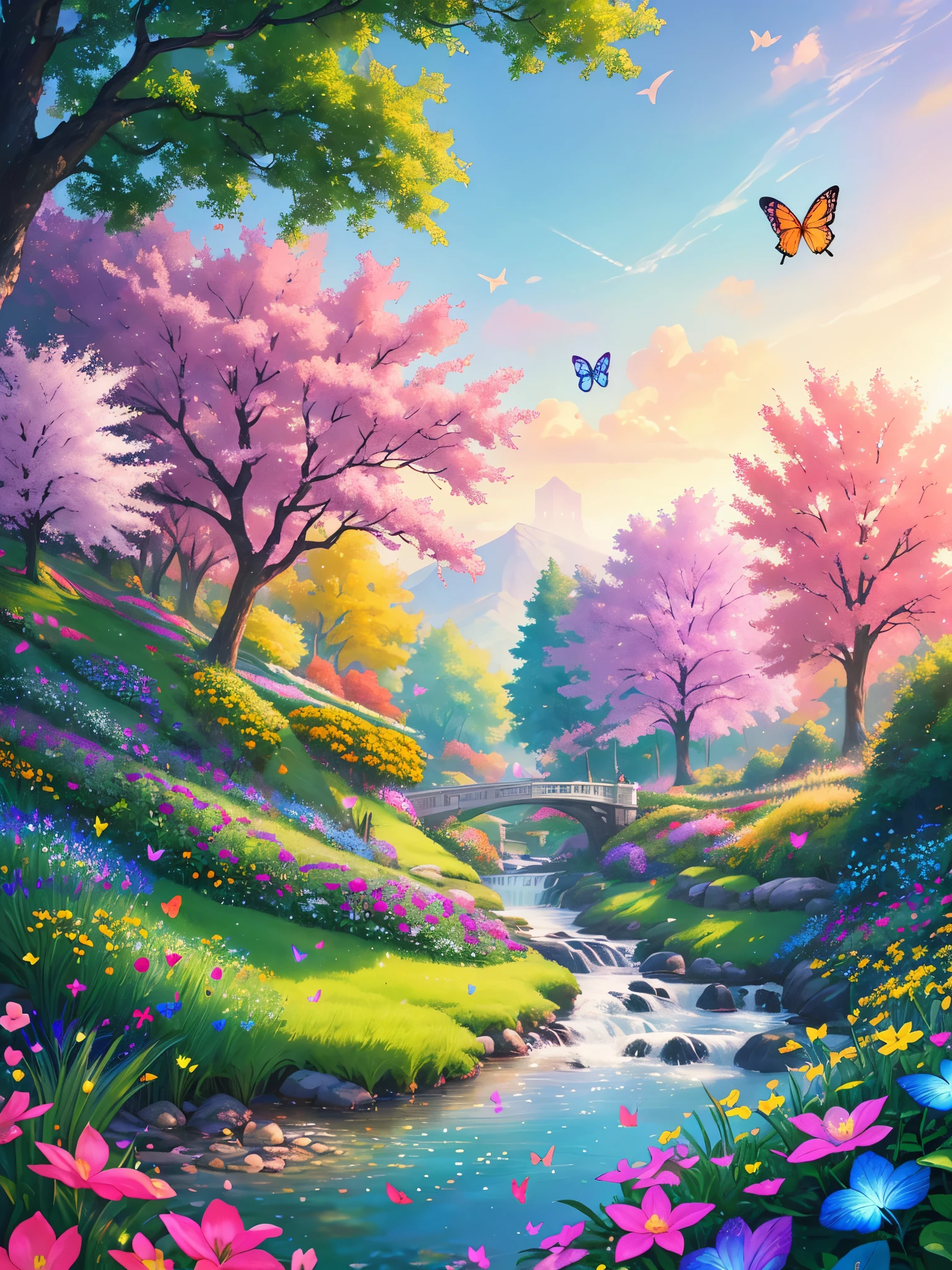 masterpiece, best quality, high quality, extremely detailed cg unity 8k wallpaper, an extremely colorful and purely fantasy environment with vibrant hues and a bright sky, landscape of bright green grass, colorful trees, glittering fruits, and bright blue flowers. the streams are a deep shade of blue, and the air is filled with sweet exotic scents. the environment appears to be taken out of a dream, with luminescent butterflies and giant colorful birds flying around, award winning photography, bokeh, depth of field, hdr, bloom, chromatic aberration ,photorealistic,extremely detailed, trending on artstation, trending on cgsociety, intricate, high detail, dramatic, art by midjourney
