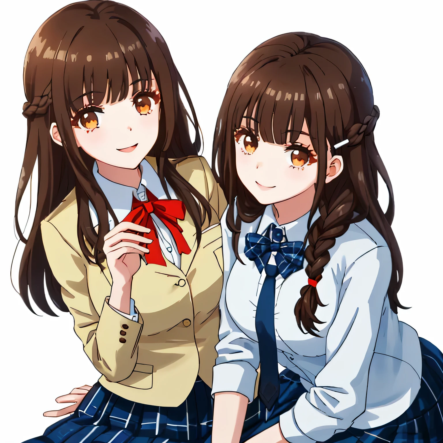 highest quality, (masterpiece:1.2), very detailed, One girl looks at the viewer and smiles, Glossy lips that make you want to kiss, nice smile, brown eyes, (((dark brown hair))), , long braids, big shiny hair clip, school uniform, Luxurious black blazer with golden emblem on the left chest, ((big red ribbon on the chest)), very shiny hair、laughter、bright look、Your face and hair shine in the light, The corners of the eyes are drooping, Cute braids, The expression of a maiden in love, (((twin braid hairstyle))), (((The long skirt has a beautiful black checkered pattern..))), A gentle and cute expression staring at the viewer, double eyelid, ((long eyelashes)), pure white background