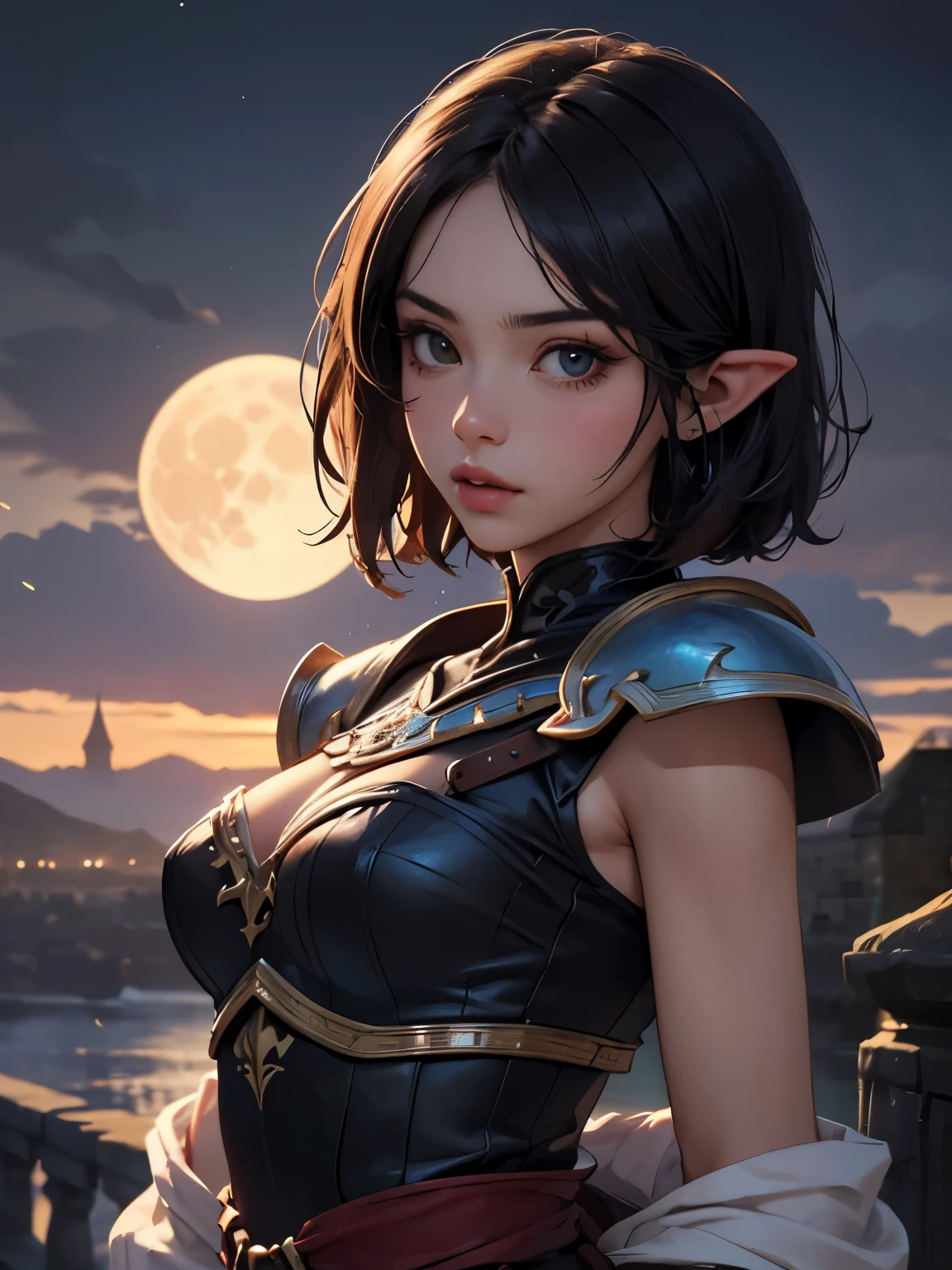 (((Best Quality))), ((Ultra-detailed)), (extremely detailed photo), ((extremely delicate and beautiful)),(Cute delicate face), ((masterpiece)), perfect anatomy, intricate, (highly detailed), masterpiece, photorealistic, (A 20 years old dignified girl),(blue and black sexy armor), (Background of Hyrule Castle),(Crimson full moon night),(holding Link's Master Sword),tall girl,black hair,alone,short hair, double eyelid,delicate skin,slender body shape