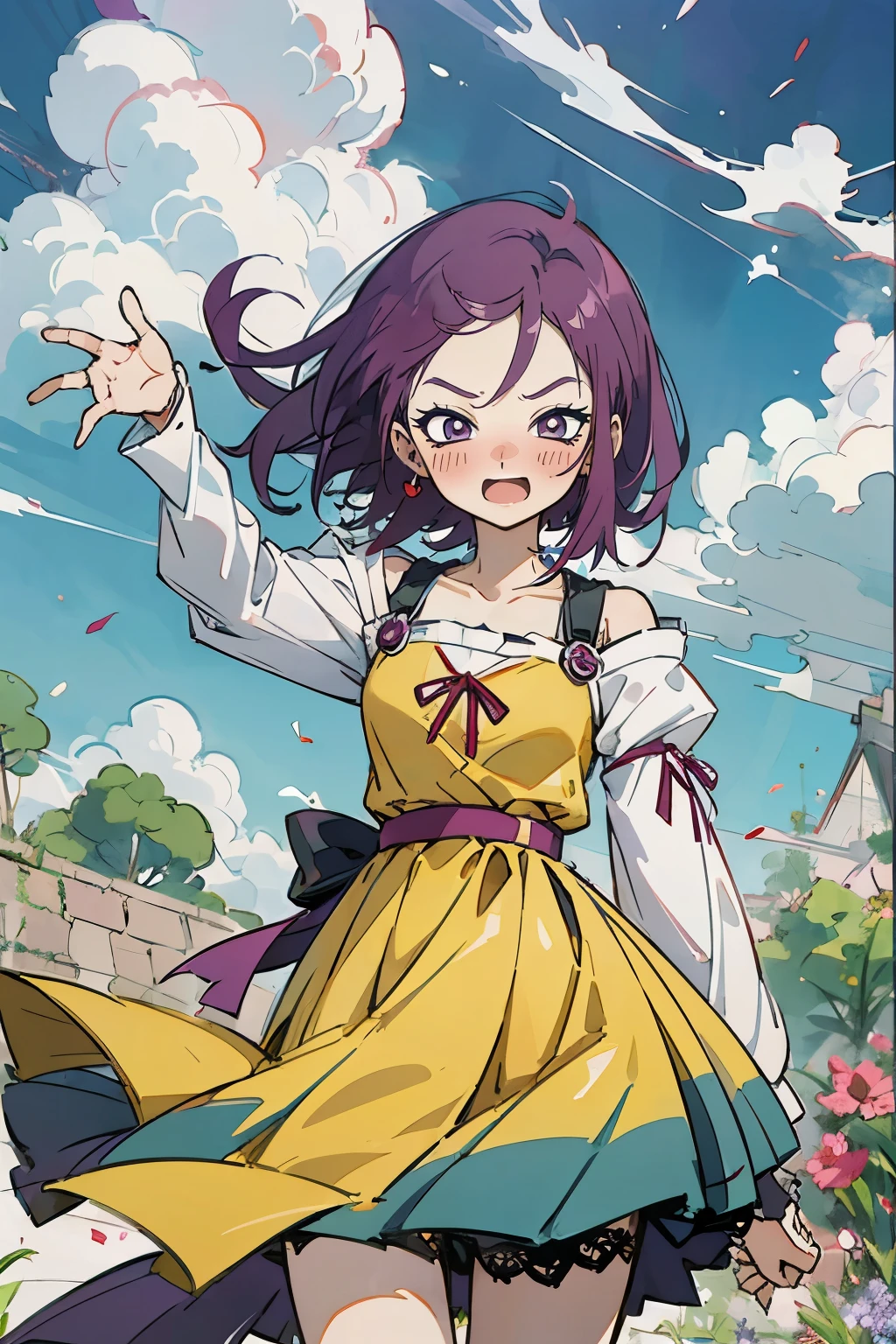 Kisho, jigokuraku, 1 girl, reddish Purple hair, Purple eyes, showa town, Ruins, Bang, Beautiful sky, shining sky, Sunshine, Smiling, Waving, Black Belts, black choker, Dresses that blow the wind, black Lace dress, wool sweaters, Off-shoulder sleeves