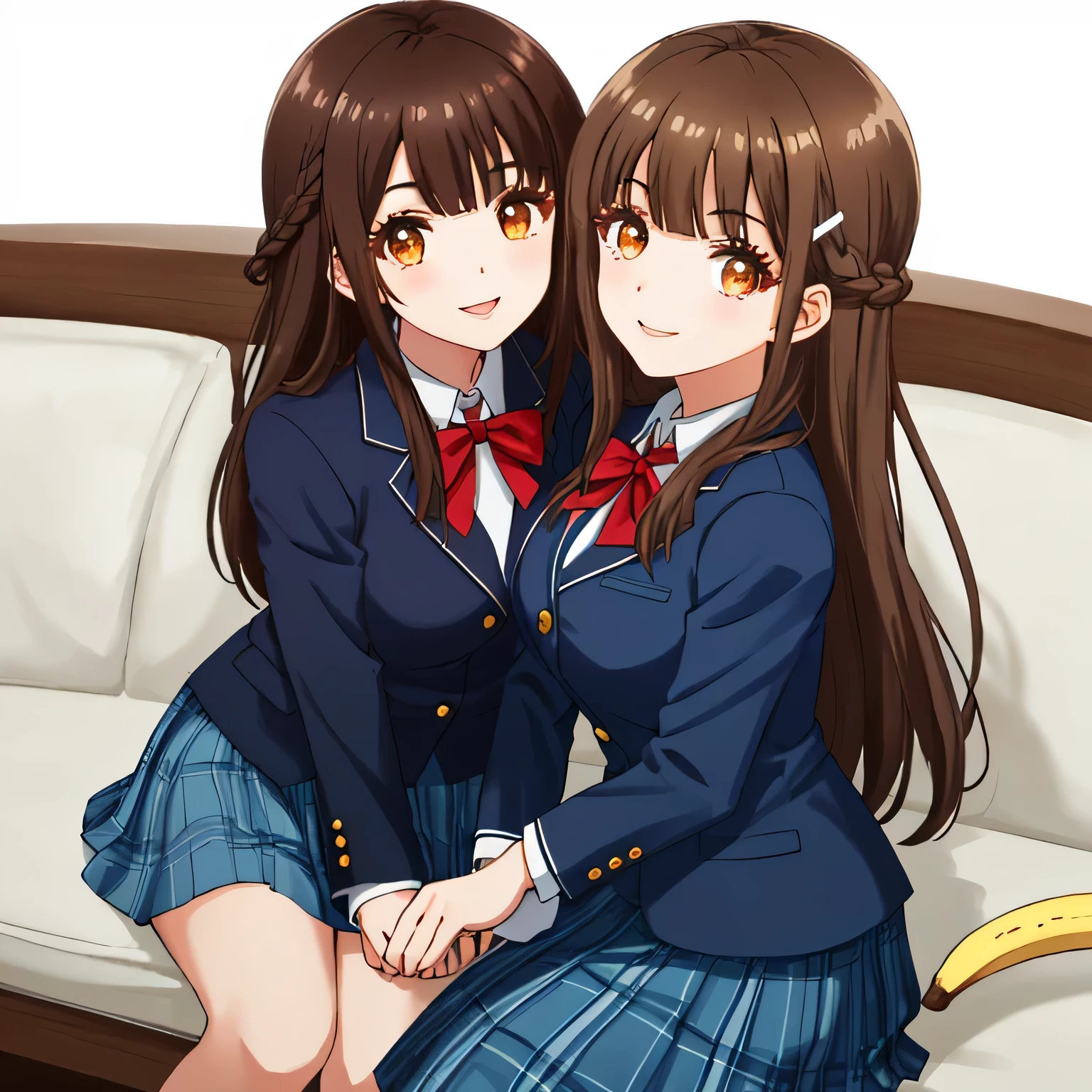 highest quality, (masterpiece:1.2), very detailed, Two girls looking at the viewer, Glossy lips that make you want to kiss, nice smile, brown eyes, (((very long dark brown hair))), Braid arrangement, 15 years old, big shiny hair clip, school uniform, Dark blue and navy plaid skirt, middle long skirt, white shirt, A luxurious navy blazer with a golden emblem on the left chest, ((A large shiny school ribbon tie in navy blue.)), very shiny hair、laughter、bright look、The light makes my face and hair shine, I&#39;m so happy I can jump up, The expression of a maiden in love, The long skirt fabric has a beautiful deep blue checkered pattern., cute expression, double eyelid, ((long eyelashes)), ((Long lower eyelashes too)), pure white background, Sit down２A person sucking on a very long, straight banana.