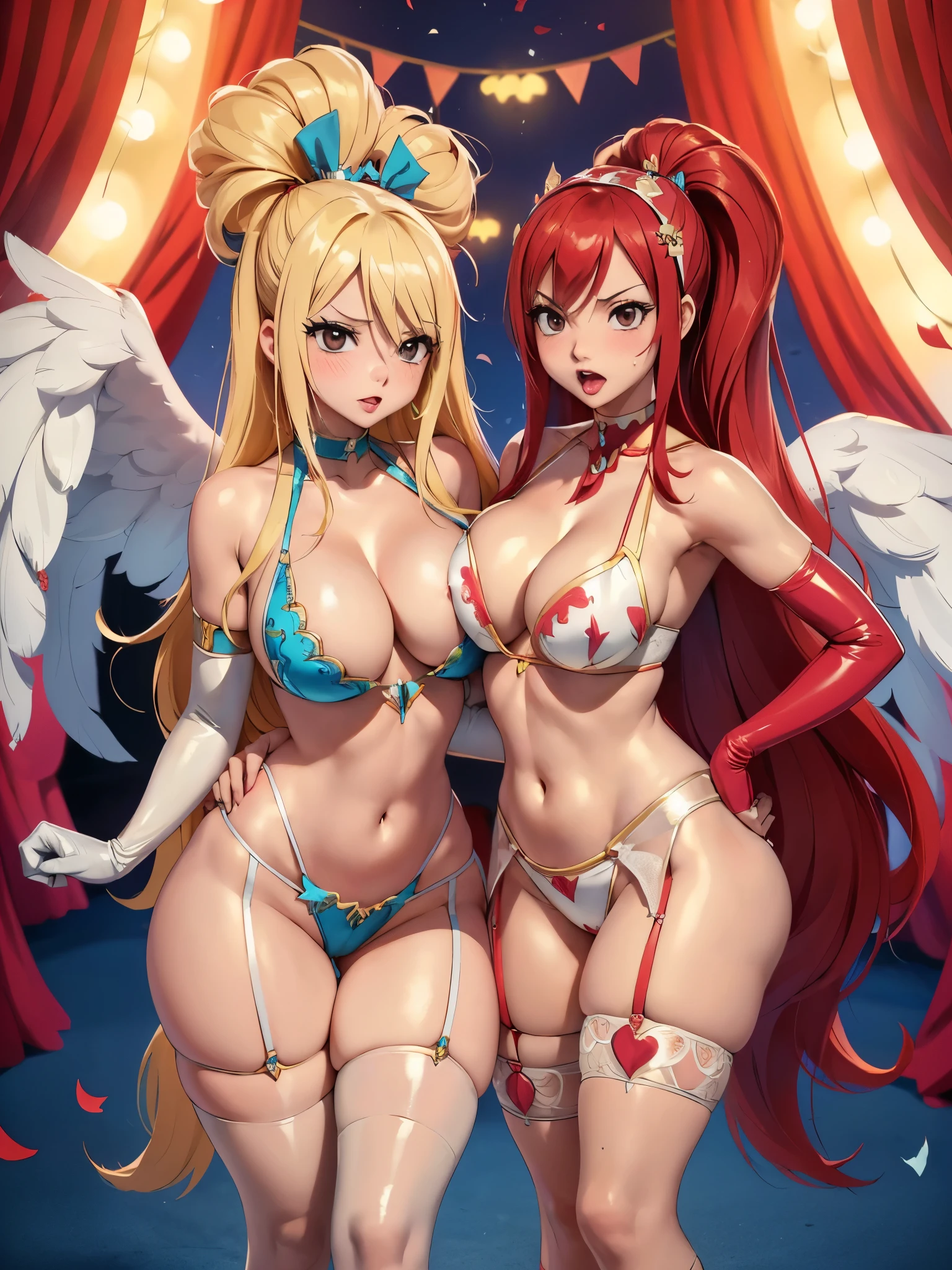 2 women, photoshoot poses, Erza Scarlet and Lucy Heartfilia posing together,  ((Erza Scarlet) red hair, long hair, ponytail, white ribbon, hair over one eye, brown pupils, large breasts, collarbone, in elbow gloves, carnival outfit, bzccostume, red and black costume, headdress, feathers, pasties, nipple slip, no shirt, thigh highs, black panties, garter belt, showing sternum, showing stomach, belly button piercing, choker), ((Lucy Heartfilia) blonde, long hair, blue bow in hair, brown pupils, white and blue carnival costume, bzccostume, headdress, white stockings, white garter belt, white bra), blush, indoor stadium, crowds in background cheering, confetti in air, giant tits, night time, (both women, posing together, hands behind head, dynamic pose), blush, tongue sticking out, (ahegao:1.2), normal eyes, looking at viewer