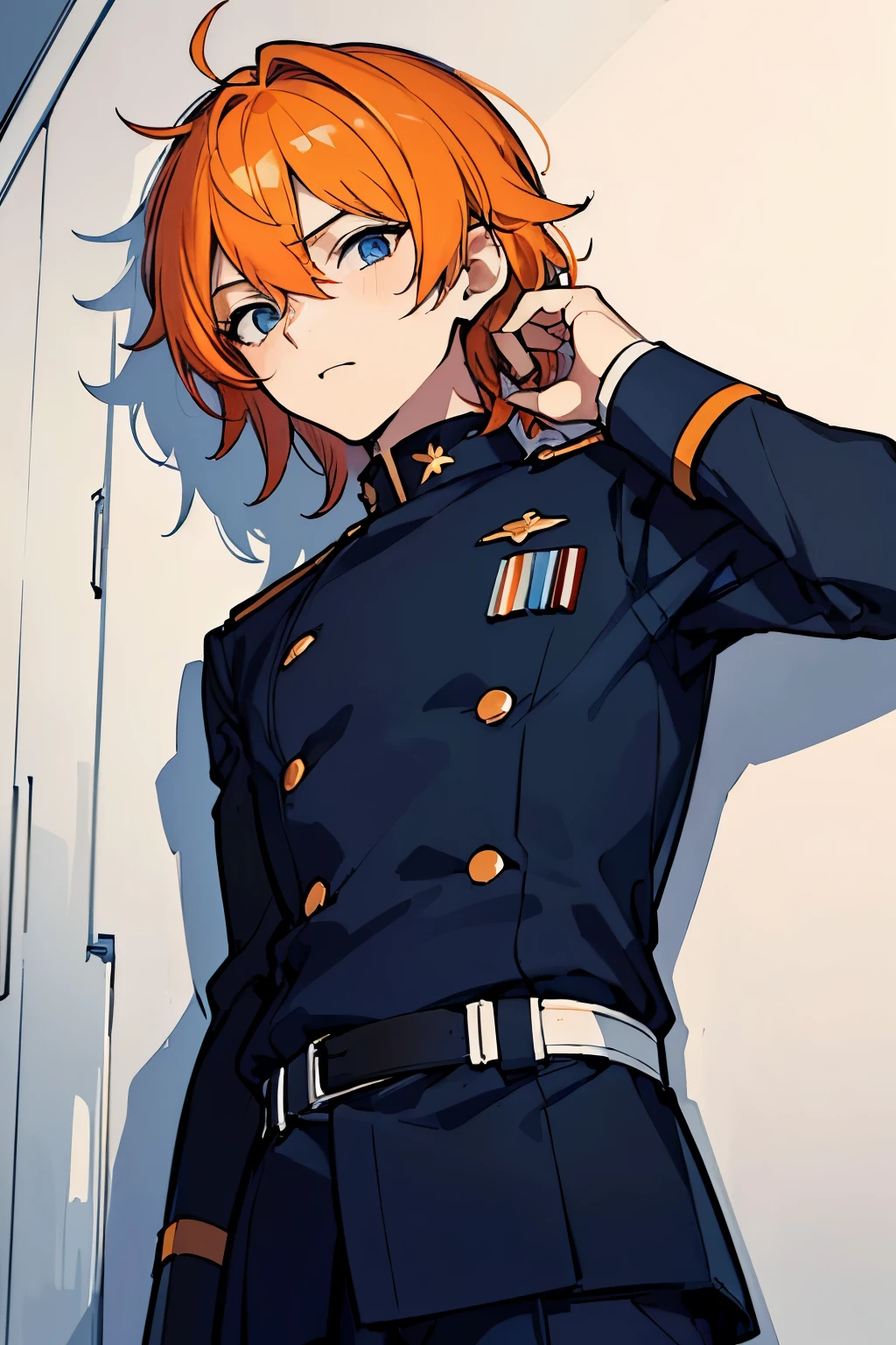 ((masterpiece, best quality)), 1man, in a command center, young adult, looking down, looking sideways, looking at camera, (camera from below), half body, leaning against wall, stern, calm, dark blue eyes, small eyes, orange hair, ginger, long eyes, bobby and wavy hair, short length hair, black suit, mission uniform, uniform
