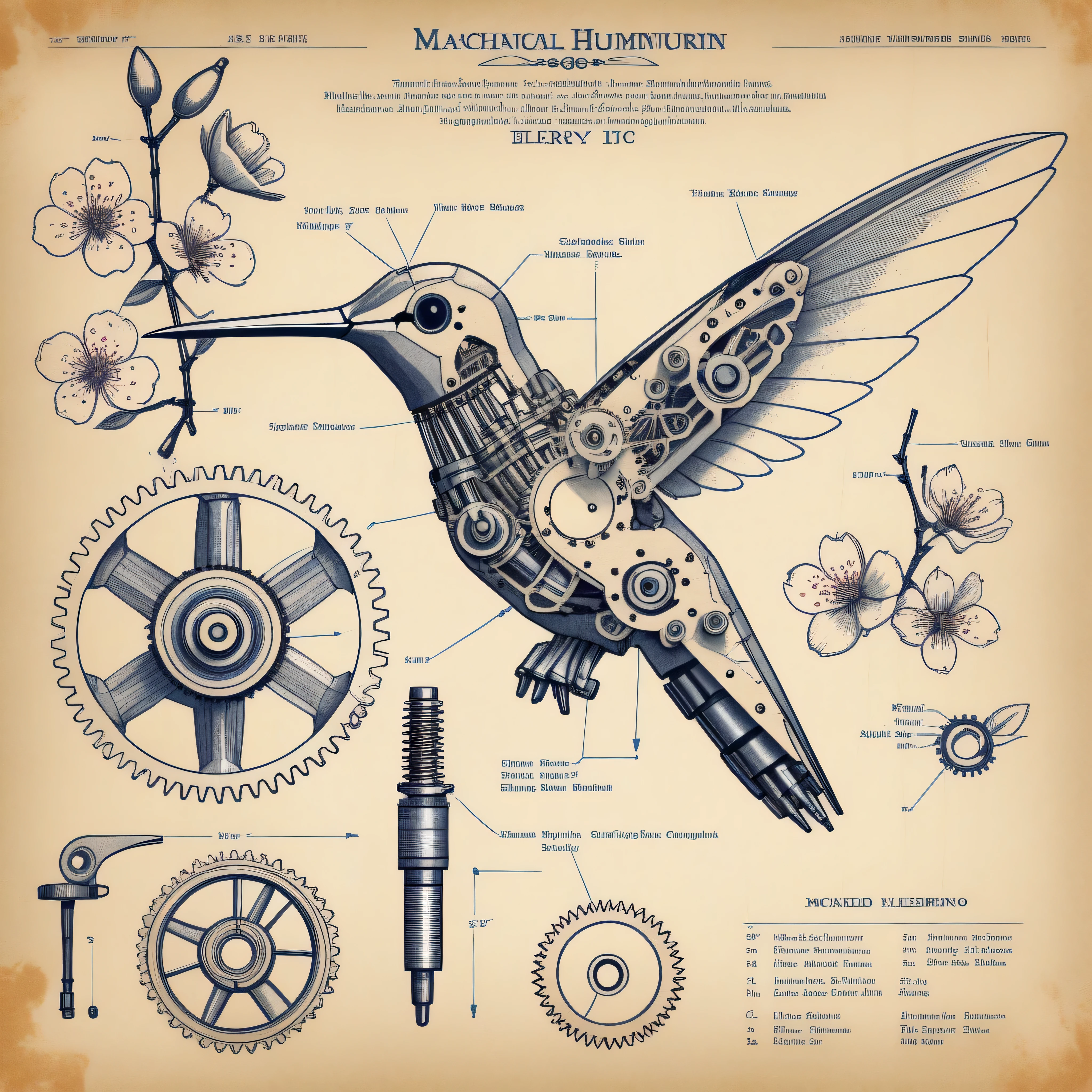 technical drawing of a mechanical hummingbird, exploded view, labeled gears, clockwork components, weathered blueprint paper, vintage scientific illustration, cherry blossom branch silhouette