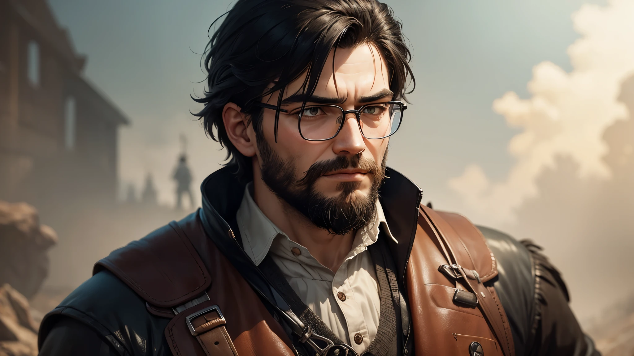 hunt showdown, Man with short beard and glasses wearing a western outfit, Short black hair. 1866, old-west style, holding a winchester