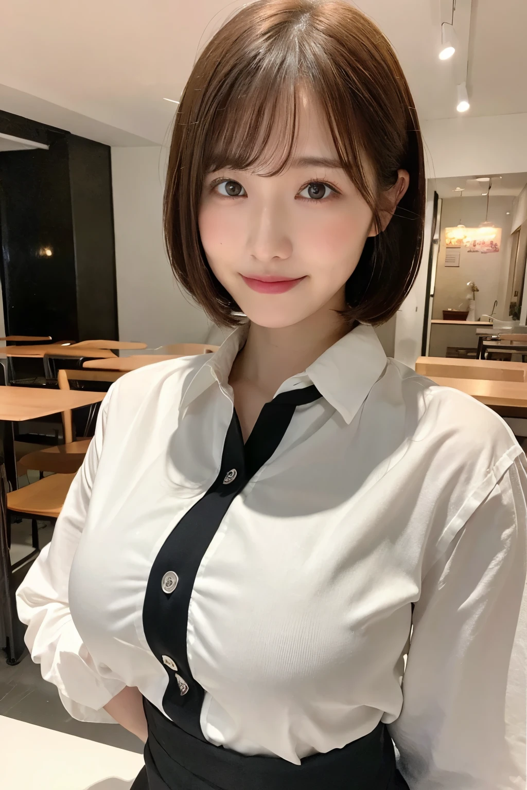 (8k、RAW photo、highest quality、masterpiece:1.2)、High-definition RAW color photo、professional photos、(realistic、photo realistic:1.37)、cinematic light、1 girl、 Smile、upper body close-up、short hair、dark brown hair、overflowing breasts、big breasts、huge breasts:1.5、restaurant、long sleeve white button shirt、mini skirt