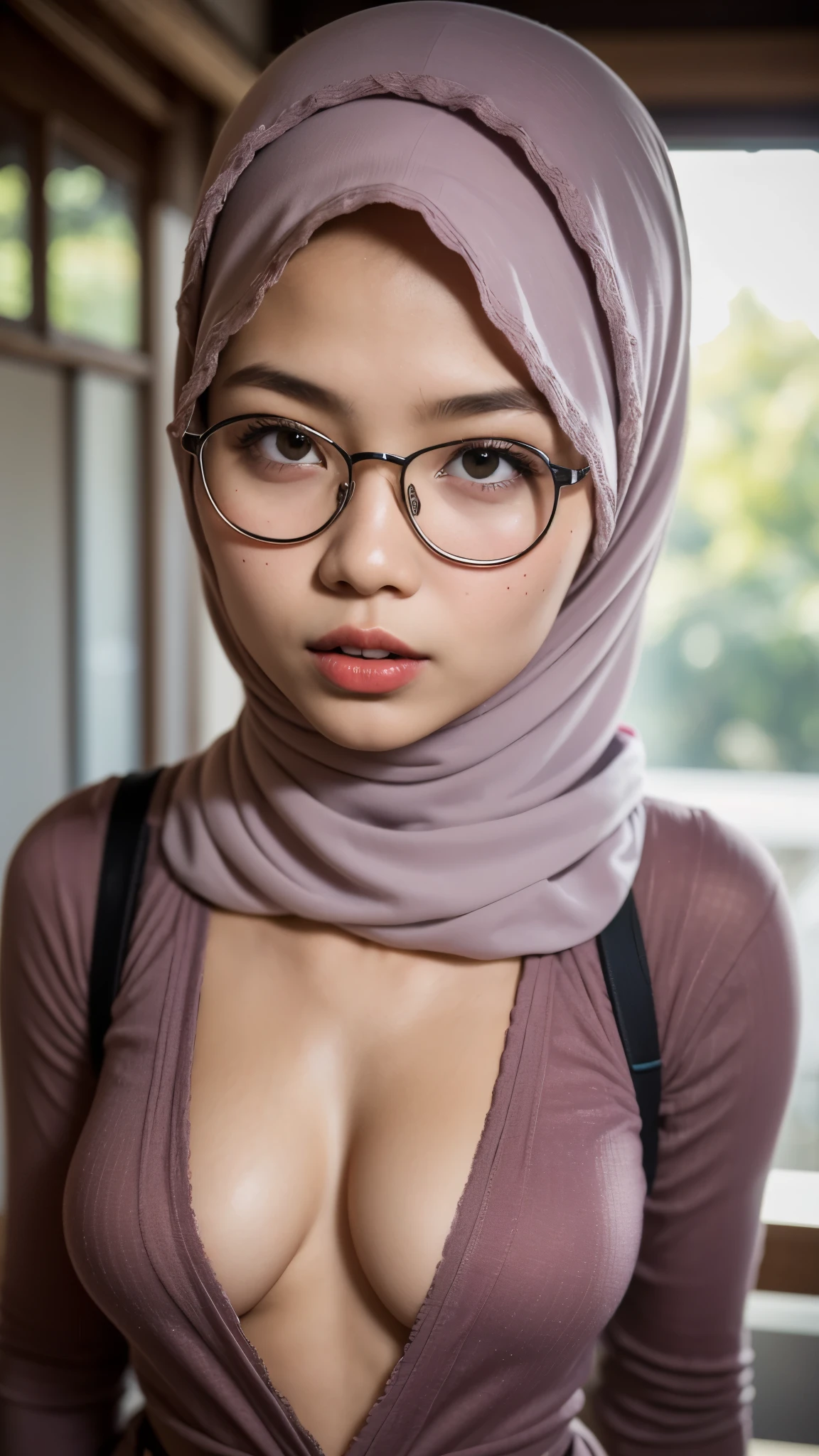 Floating, Chubby, Wearing Overalls, Very cute and baby-like face, Naked bra & panty, (((HIJAB MALAY GIRL))), masutepiece, High quality, UHD 32K, Realistic face, Realistic skin feeling , A Japanese Lady, , , Very cute and baby-like face, (((FLAT CHEST))), (MATRIX WORLD), ((look In front  at the camera and OPEN YOUR MOUTH)), ((())), (((CUTE GIRL))), ((TRANSPARENT)), ((RED LIPS)), ((SPECTACLES)), pastel panty