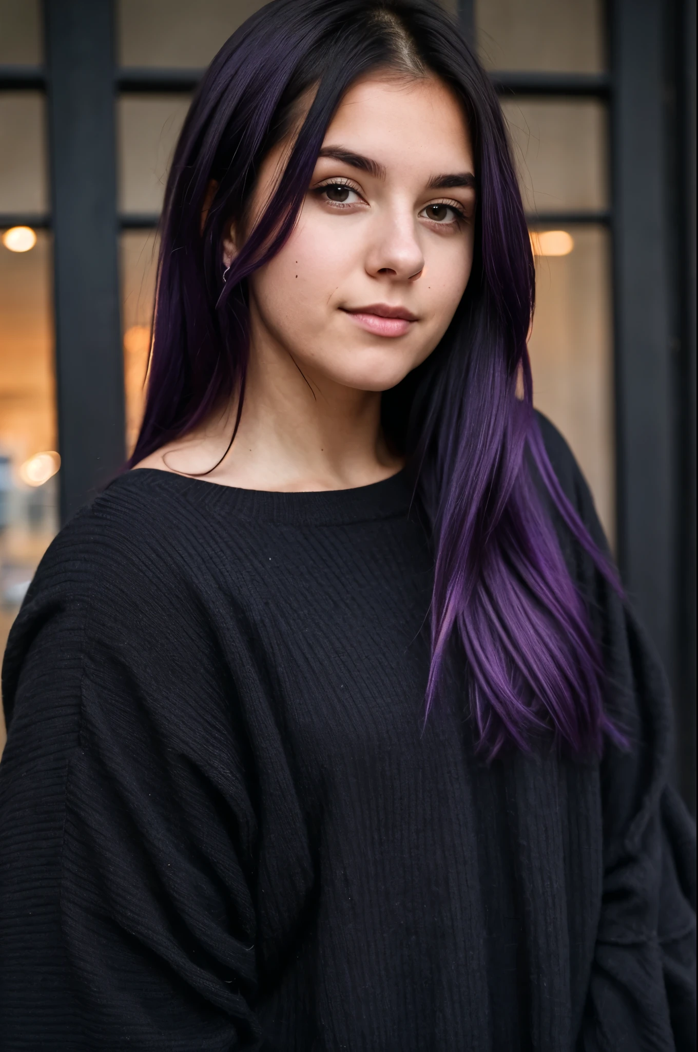 Super cute girl with dark purple hair in a dark theme