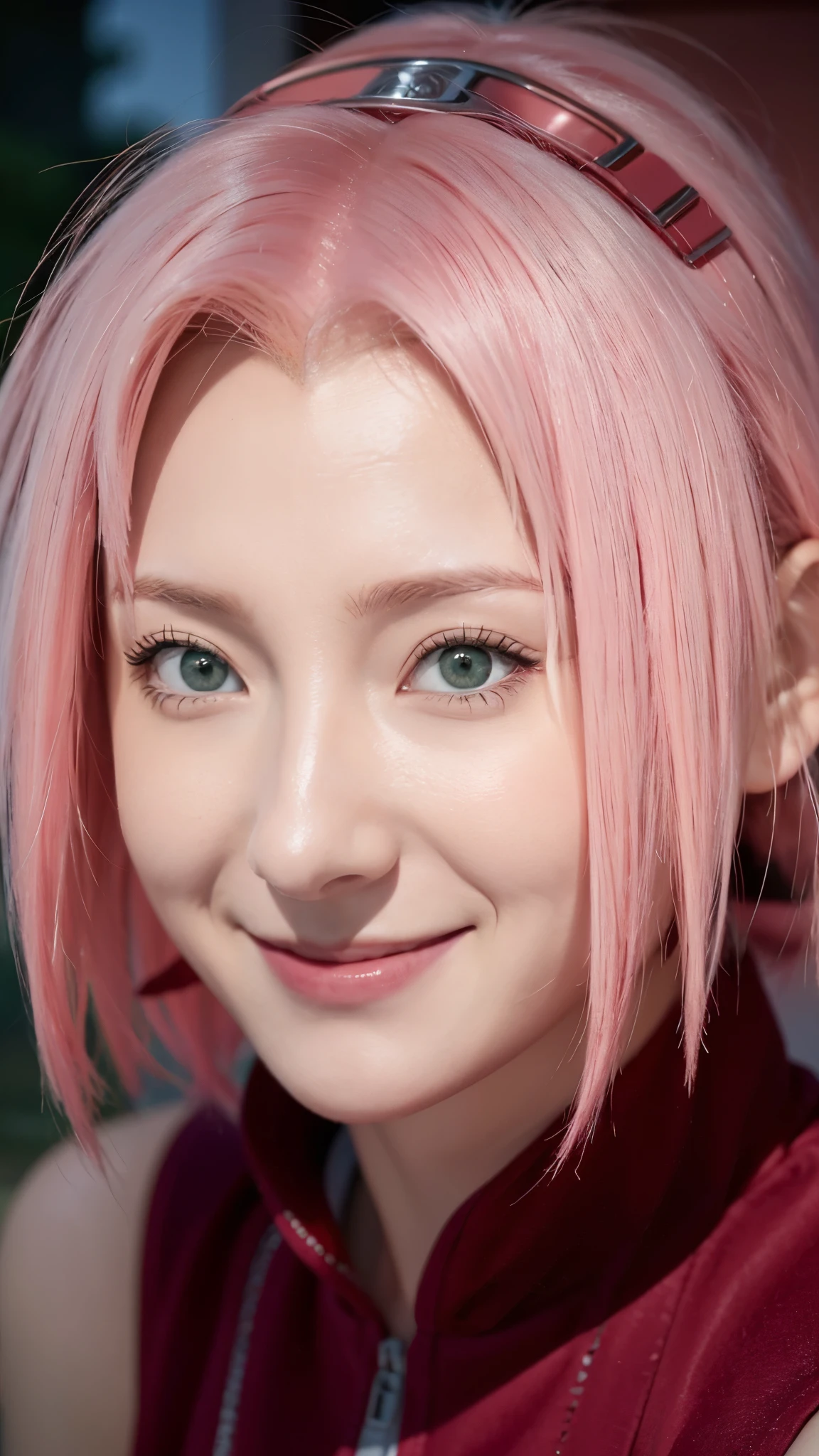 1female, haruno sakura in anime naruto shippuden, short hair , pink hair, green eyes, smile, beautiful, red clothes, realistic clothes, detail clothes, city background, ultra detail, realistic