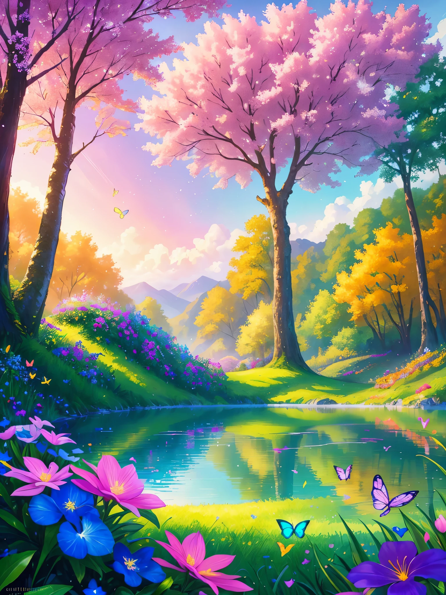 masterpiece, best quality, high quality, extremely detailed cg unity 8k wallpaper, an extremely colorful and purely fantasy environment with vibrant hues and a bright sky, landscape of bright green grass, colorful trees, glittering fruits, and bright blue flowers. the streams are a deep shade of blue, and the air is filled with sweet exotic scents. the environment appears to be taken out of a dream, with luminescent butterflies and giant colorful birds flying around, award winning photography, bokeh, depth of field, hdr, bloom, chromatic aberration ,photorealistic,extremely detailed, trending on artstation, trending on cgsociety, intricate, high detail, dramatic, art by midjourney