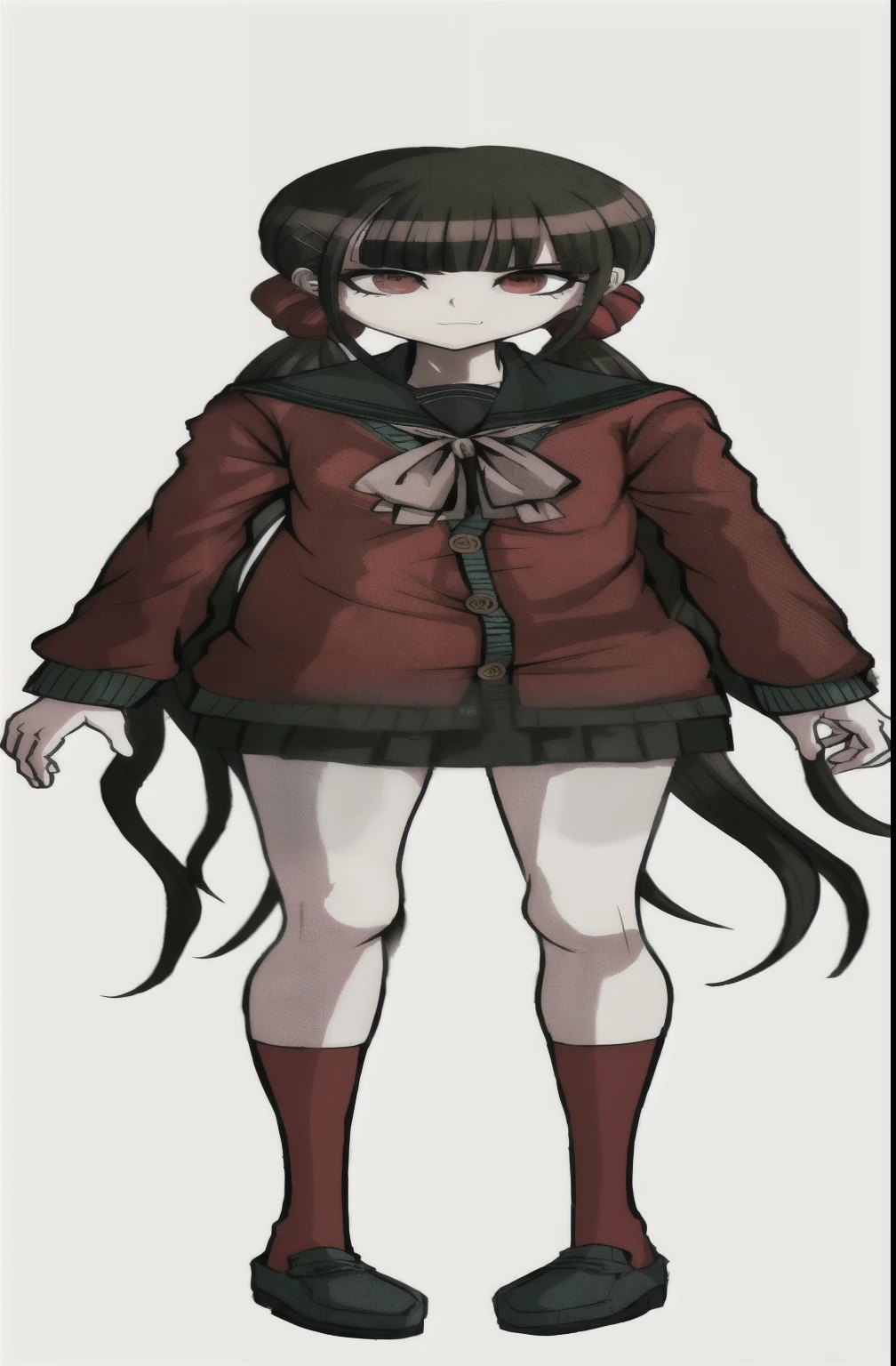 anime girl in red coat and green skirt with long hair, akane owari danganronpa, chiaki nanami from danganronpa, digital art from danganronpa, junko enoshima from danganronpa, yandere intricate, gapmoe yandere grimdark, junko enoshima, style of junji ito, danganronpa, she is inside her room, spread legs, no cheeky or underwear, showing her pussy, wet pussy, lean on her bed, alone
