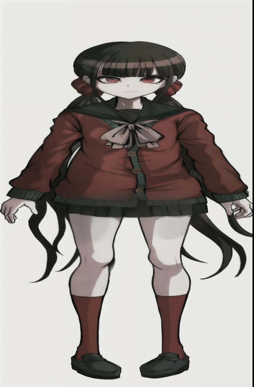 anime girl in red coat and green skirt with long hair, akane owari danganronpa, chiaki nanami from danganronpa, digital art from danganronpa, junko enoshima from danganronpa, yandere intricate, gapmoe yandere grimdark, junko enoshima, style of junji ito, danganronpa, she is inside her room, spread legs, no cheeky or underwear, showing her pussy, wet pussy, lean on her bed, alone