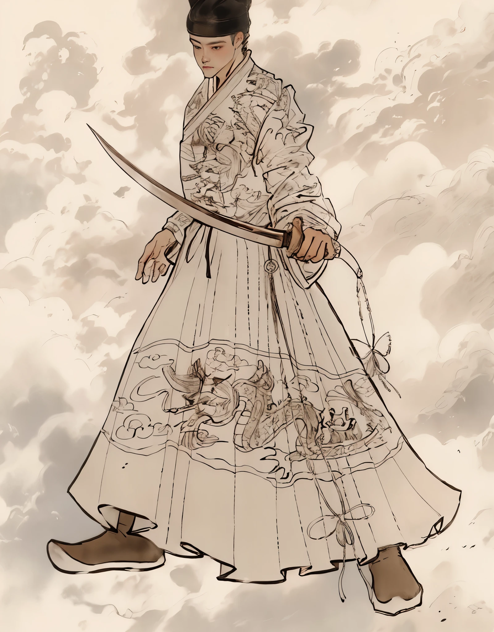 Drawing of a man in a long skirt holding a sword, clean lines, detailed whole body concept, Line art illustration, Official character illustrations, clear clothing design, bold lines, Very detailed lines, extremely detailed lines, whole body concept, hyper Detailed line art, Dressed in old samurai, line art behavior hd, Detailed line art