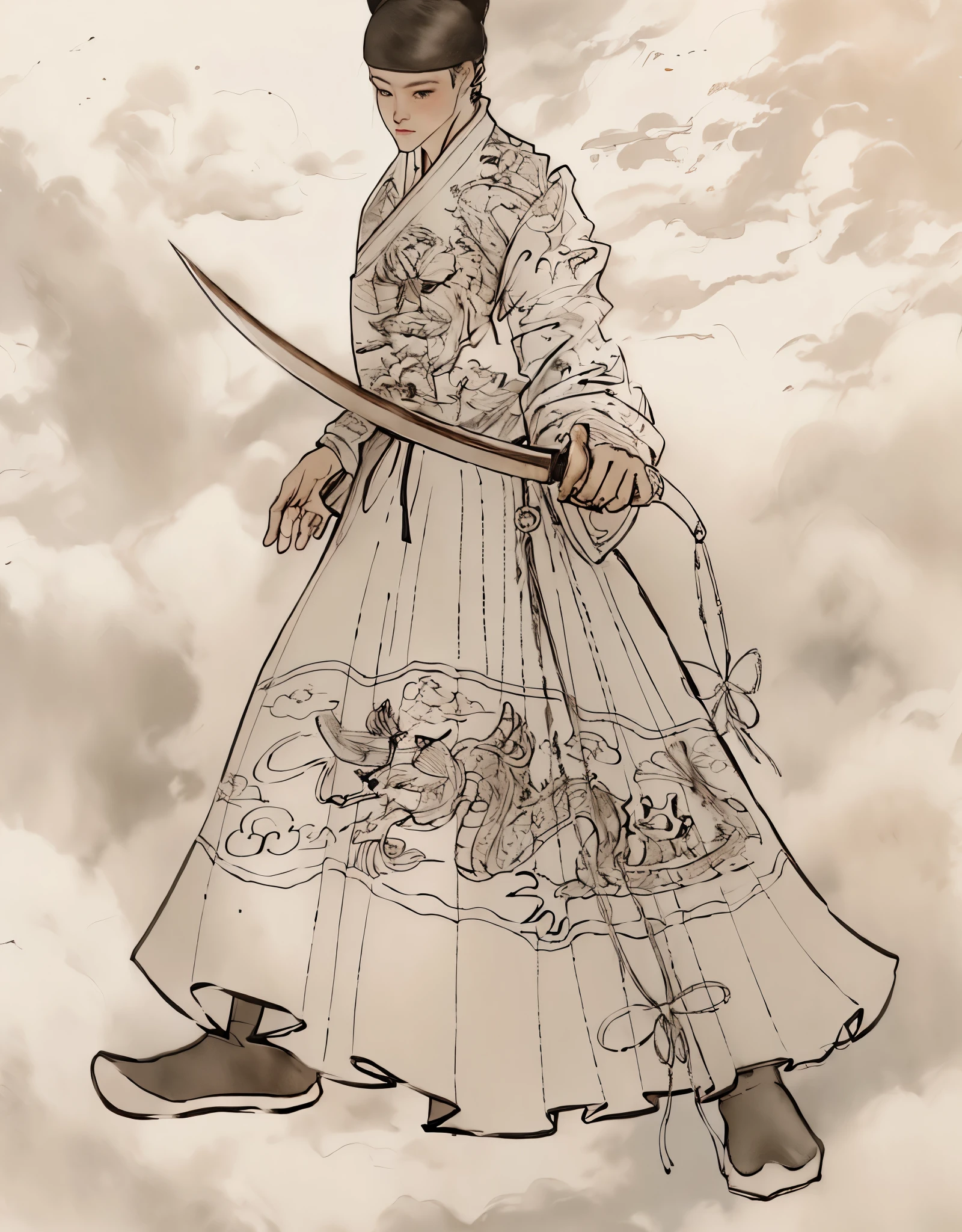 Drawing of a man in a long skirt holding a sword, clean lines, detailed whole body concept, Line art illustration, Official character illustrations, clear clothing design, bold lines, Very detailed lines, extremely detailed lines, whole body concept, hyper Detailed line art, Dressed in old samurai, line art behavior hd, Detailed line art