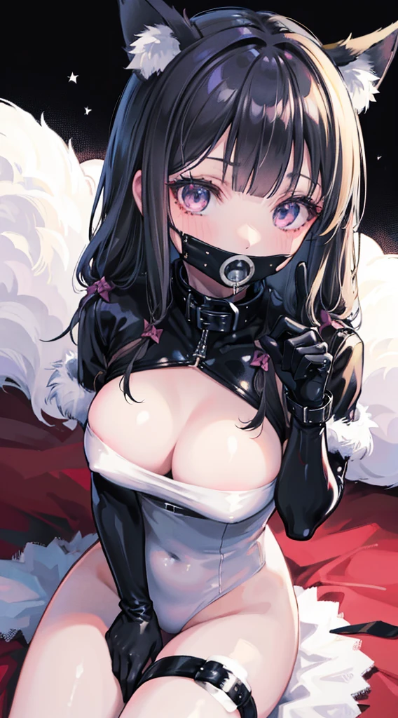 high quality, masterpiece, super detailed, 1 girl, extremely detailed faces, gagged,gagged,Christmas black latex full body suit,black gloves,black christmas stocking tiara,gagged,BDSM,handcuffs,collar,Calm expression,Smile,handcuffs,collar,long black hair, Charming pink eyes, fox ears, ridiculously big, skin shiny, sitting on the snow,Cover your chest with your hands,Bright Christmas night scene