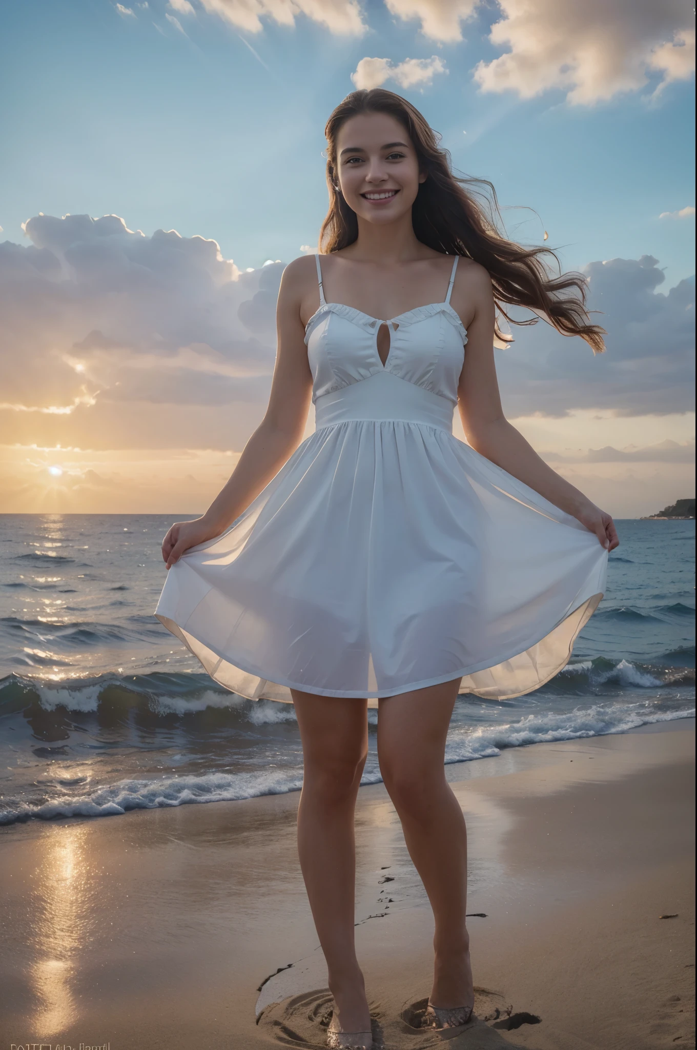 A woman in a white dress standing on a beach at sunset - SeaArt AI