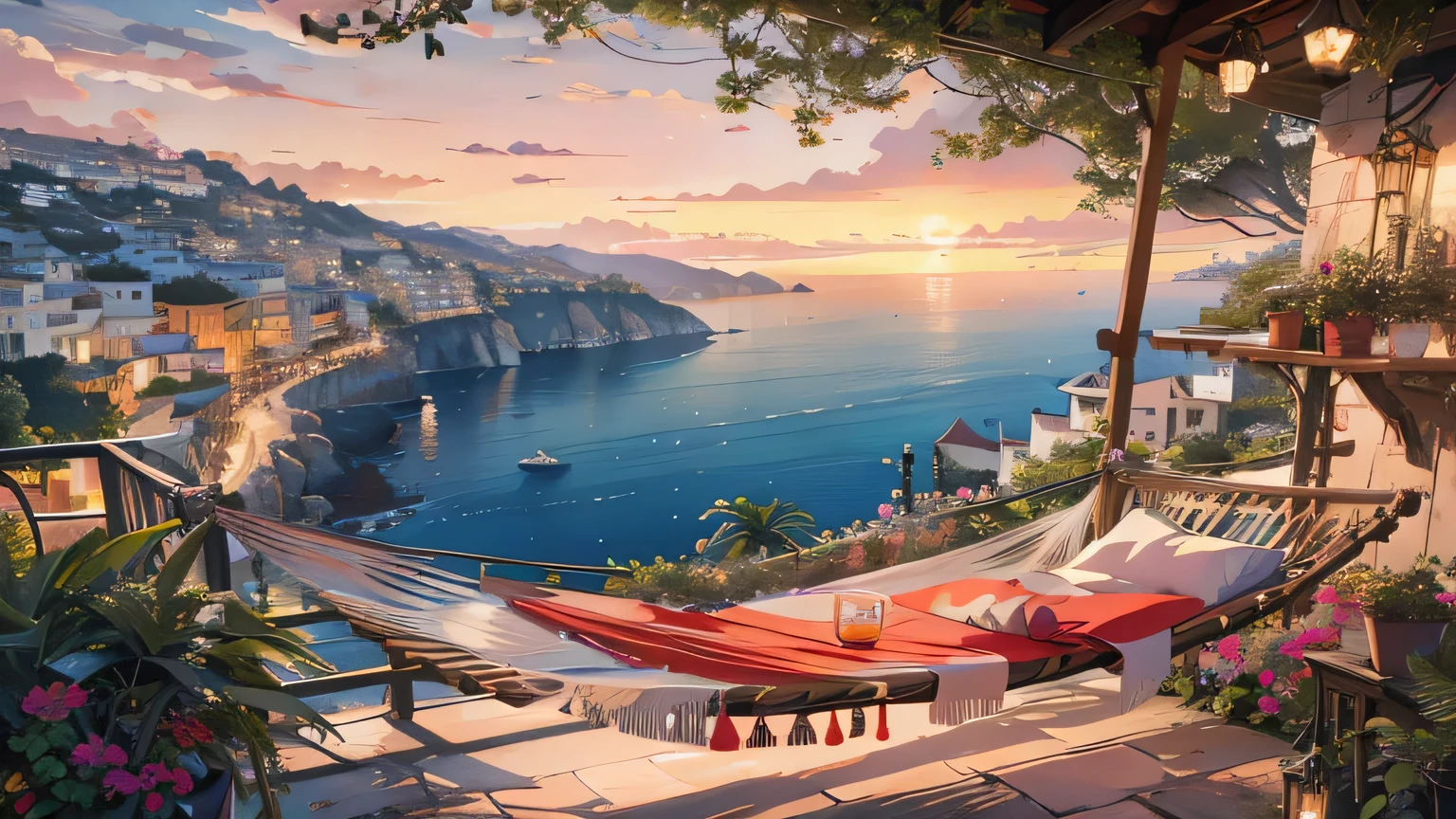 Photo of a hammock on a balcony overlooking the bay, Beautiful art UHD 4K, relaxing concept art, mediterranean view, unreal engine ; romantic theme, 4K high definition digital art, 8K high quality detailed art, romantic paintings, dream scenery art, beautiful cityscape, Amazing artwork in 8K, landscape artwork, The Tran. scenic background, Landscape art details
