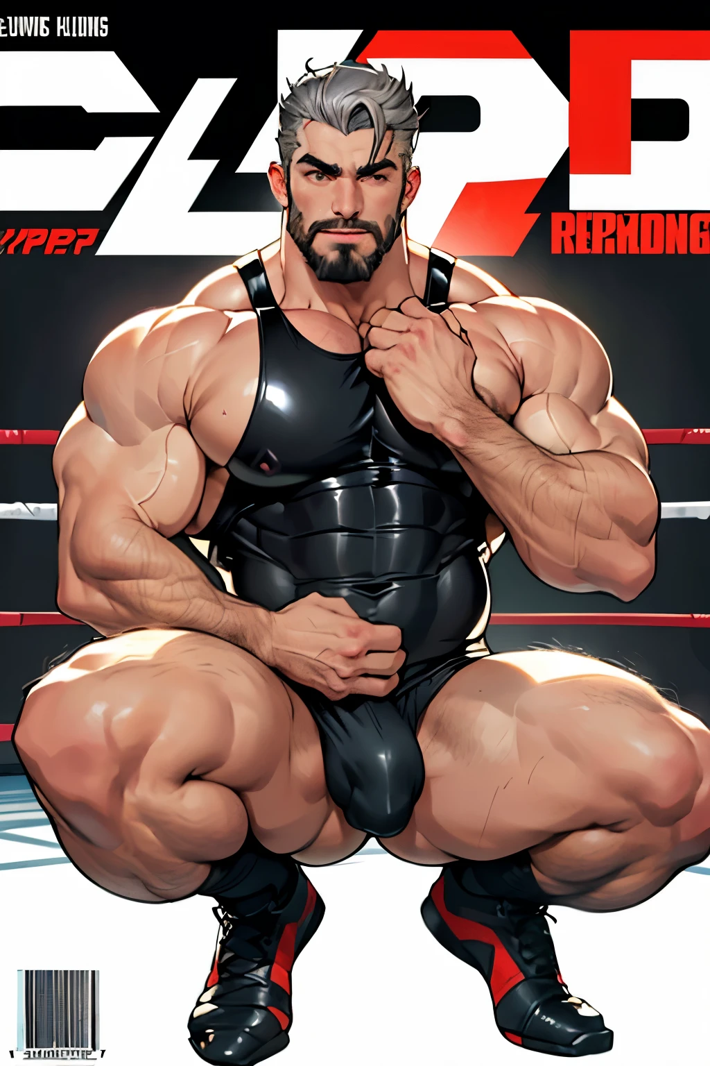 absurderes, hight resolution, 1male people, full body visible (wrestling Magazine covers:1.2), Yaoi(bara) , Stubble,clothes down, matured male, ruggedly handsome face(Reinhardt), dark eyes, mustache, old face, beefy,thick dark eyebrow, thick eyebrows, Male Focus, designed beard、(wearing white thong), big bulging crotch, big crotch, latex, wrestling uniform, wrestling singlet, squatting with legs open, crotch in focus, Detailed body,Ultra-detailed eyes,hyperdetailed face,(Gray hair:1.2),(All Back Hair:1.2)、(Very short hair:1.2),(hyper pecs:1.5),Open Claus,(Soft smile:1.2),Perfect ligthing,(flexing biceps:1.2)