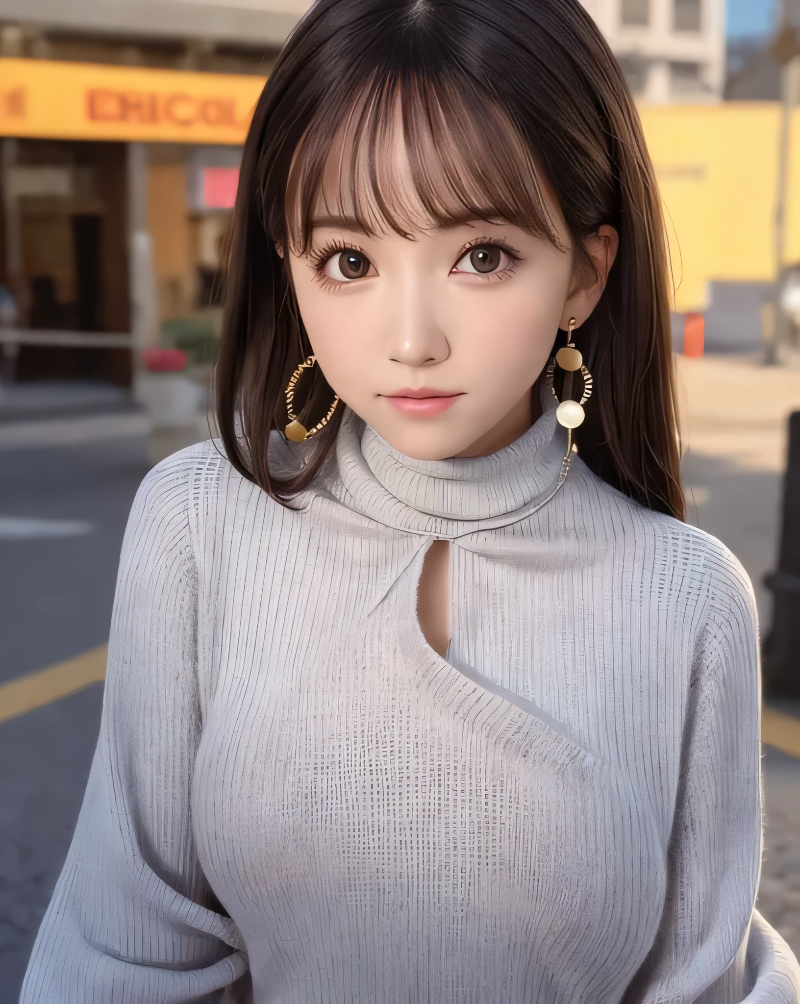 highest quality, realistic, 8k, High resolution, 1 girl, woman, (skin dents), (portrait:0.6), ((urban landscape background:1.52)), full color, ((round breasts of small size, high neck sweater:1.5)), look straight at the viewer:1.8, (1 girl eyes looking at viewer:1.45, medium length hair, black hair, parted bangs:1.45), (Bokeh),