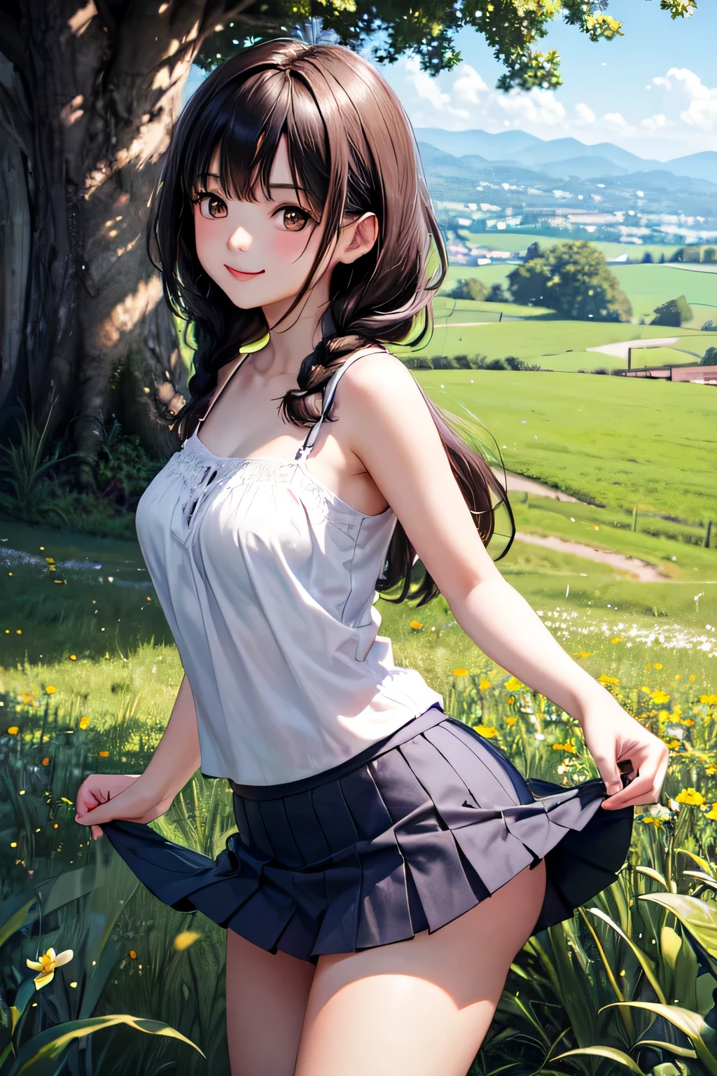very cute and beautiful girl,(very detailed美しい顔),
white camisole,standing under a big tree,Cowboy shot BREAK
 (smile),Happy,looking at the viewer,(blue pleated mini skirt:1.2),skirt lift,white panties,
countryside,grassland,top of the hill,wooden fence,detailed landscape,black hair,twin blade,
(highest quality,masterpiece:1.2),disorganized,High resolution,super detailed,very detailed,32K,8K resolution,
intricate details,movie-like scene,detailed background,alone,dynamic angle,