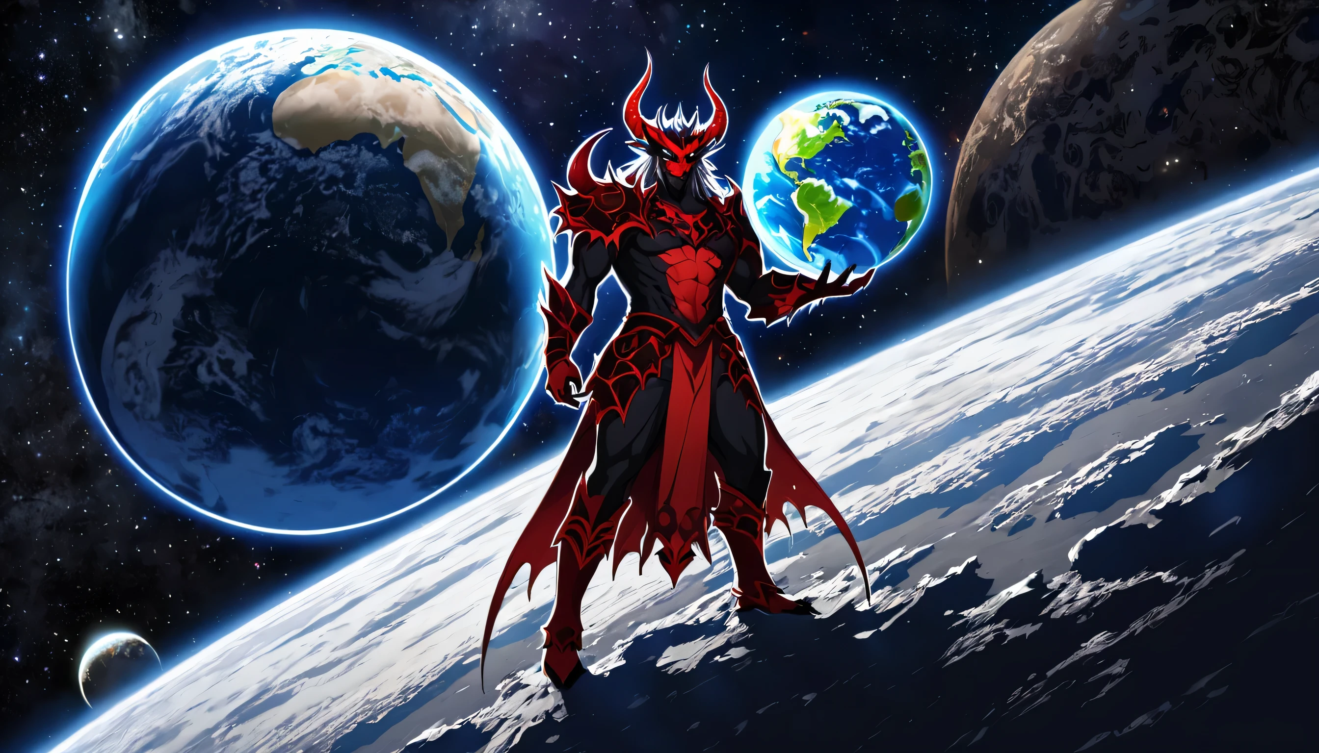 a demon king holding Planet earth on his hand while standing on the moon