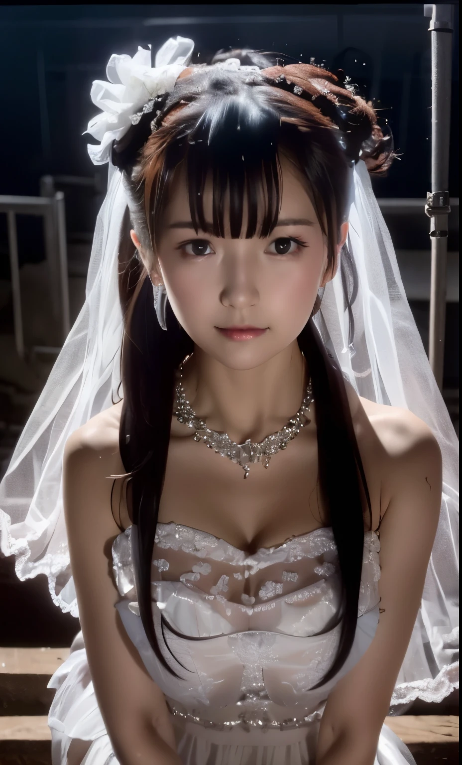 (((Pixel perfect, Perfect details))), alone, 1 girl，bride, yuigahama yui,  美丽bride穿美麗婚紗的特写,Gurwitz, (((bride頭紗)))，（transparent short veil），blush，eye shadow，Blushing face，Head flower，headgear，((bouquet))，((((tube top wedding dress))))，(((strapless wedding dress))),(bare shoulders)，pure white dress，(necklace)，((earrings))，(large breasts:1.3)，Bangs，lipstick，((White long elbow gloves)),Half-length photo,High-detail RAW color art,White long skirt,There is a railway track next to it，(standing on the railroad tracks:1.3),18 years old, （long twintails：1.5）,(double bun:1.5), black hair,