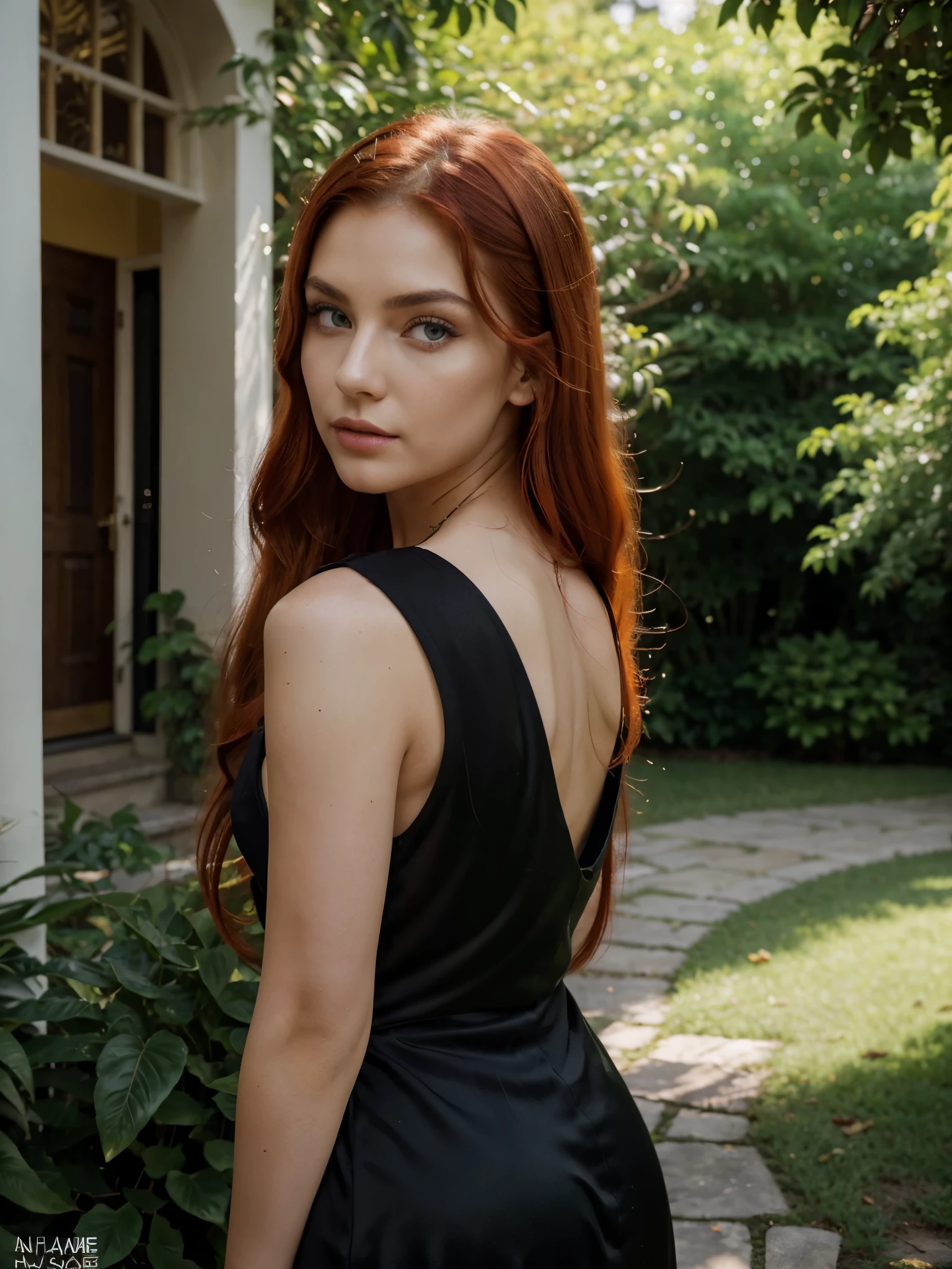 a 22 year old woman, serious expression and striking appearance. My hair (long pastel neon red hair, contemporary and futuristic look) frames my face and highlights my very very large blue eyes and brighter than a normal human being, magnetic brightness. My full lips are slightly parted, as if I'm about to say something. Her button nose is redder than the rest of her pale skin. My colored eyebrows are thick and dark, giving me a bold look. My cheekbones are high and defined and my eyelashes are long and curled. Her lips, painted in bold shades of bright orange. Their chromatic intensity completes the extraordinary ensemble, giving an aura of glamor and refinement to this girl with a memorable face.
Immersed in nature, this photo portrays a young model in an Italian garden. She wears an elegant black dress, whose sinuous shape is accentuated by a gentle wind. The model has her back turned, giving depth to the scene.
The camera, positioned at a low angle, captures the model's distinct profile against white columns and lush greenery. The twilight accentuates her dress, creating contrast between shadows and lights.
The golden details of the accessories blend with the surrounding greenery. The season is spring, highlighted by blooming flowers. The photo conveys an atmosphere of mystery and trust, with the model looking forward.
This shot summarizes the timeless beauty of fashion, combining nature with elegance in an image that exudes luxury and sophistication.