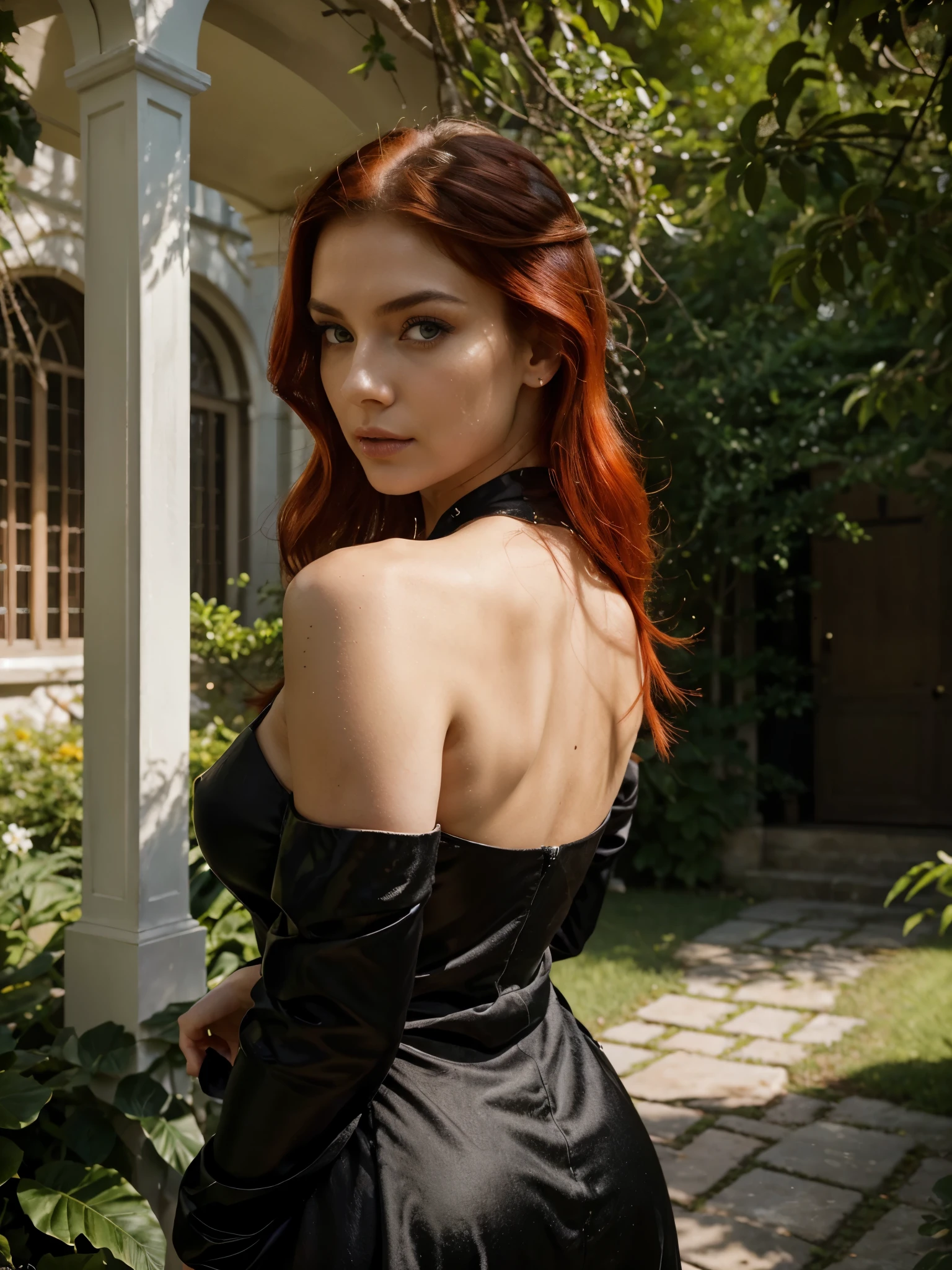 a 22 year old woman, serious expression and striking appearance. My hair (long pastel neon red hair, contemporary and futuristic look) frames my face and highlights my very very large blue eyes and brighter than a normal human being, magnetic brightness. My full lips are slightly parted, as if I'm about to say something. Her button nose is redder than the rest of her pale skin. My colored eyebrows are thick and dark, giving me a bold look. My cheekbones are high and defined and my eyelashes are long and curled. Her lips, painted in bold shades of bright orange. Their chromatic intensity completes the extraordinary ensemble, giving an aura of glamor and refinement to this girl with a memorable face.
Immersed in nature, this photo portrays a young model in an Italian garden. She wears an elegant black dress, whose sinuous shape is accentuated by a gentle wind. The model has her back turned, giving depth to the scene.
The camera, positioned at a low angle, captures the model's distinct profile against white columns and lush greenery. The twilight accentuates her dress, creating contrast between shadows and lights.
The golden details of the accessories blend with the surrounding greenery. The season is spring, highlighted by blooming flowers. The photo conveys an atmosphere of mystery and trust, with the model looking forward.
This shot summarizes the timeless beauty of fashion, combining nature with elegance in an image that exudes luxury and sophistication.