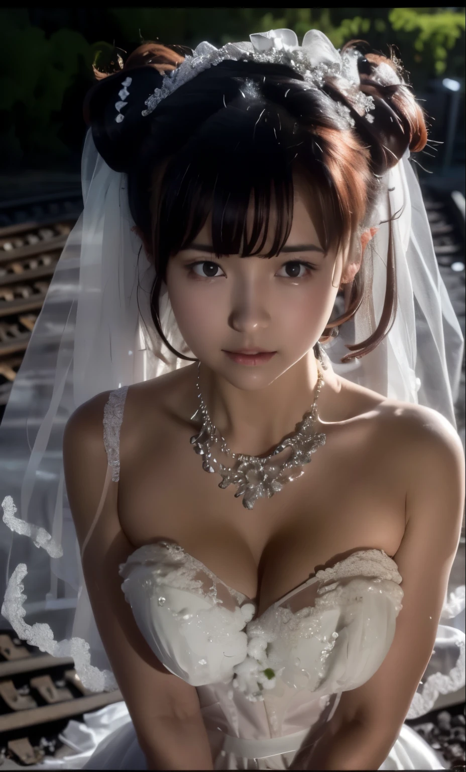 (((Pixel perfect, Perfect details))), alone, 1 girl，bride, yuigahama yui,  美丽bride穿美麗婚紗的特写,Gurwitz, (((bride頭紗)))，（transparent short veil），blush，eye shadow，Blushing face，Head flower，headgear，((bouquet))，((((tube top wedding dress))))，(((strapless wedding dress))),(bare shoulders)，pure white dress，(necklace)，((earrings))，(large breasts:1.3)，Bangs，lipstick，((White long elbow gloves)),Half-length photo,High-detail RAW color art,White long skirt,There is a railway track next to it，(standing on the railroad tracks:1.3),18 years old, （long twintails：1.5）,(double bun:1.5), black hair,