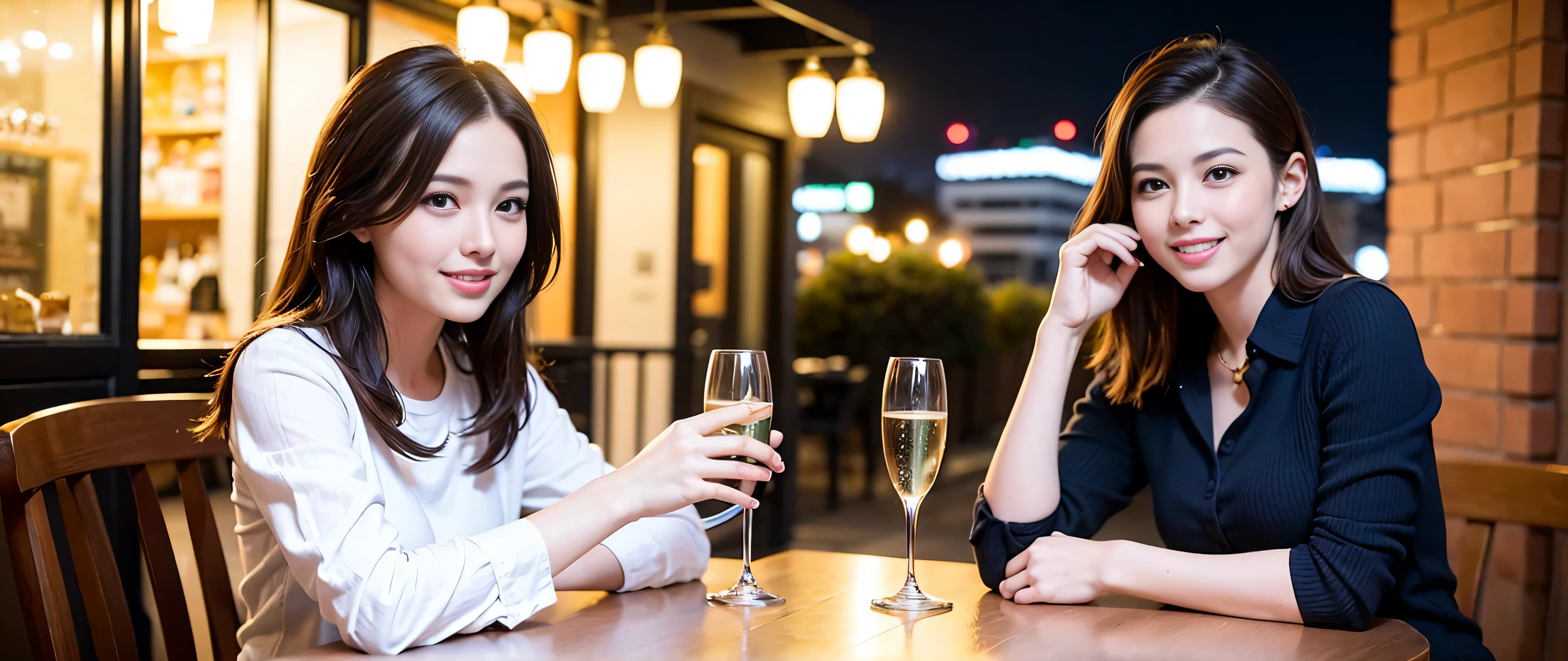 64k, Hmm, highest quality, masterpiece: 1.2), (realistic, photorealistic: 1.37), Super detailed, 3 slim beauties, (slim face),Happy、 the best smile、Fox face、Berry Short、(because I&#39;thin), (brown hair), (shortcut), long sleeve shirt、winter fashion、Colombian、Brazilian、Japanese、Dutch、German、Portuguese、Belgian、Italian、French,Champagne、sparkling wine、 (gush out), (slim body), (brown hair), (shortcut), neat beauty、cheeks turn a little red, (35 years old), 38 years old, alone, A beautiful and detailed night view spreads out outside the window...., restaurant, wine glass is sitting, At night, in a prominent place (from the Upper body) nova frog style, actress, model, Upper body, White wine, slim, wine glass, Very beautiful night view, wine glass Put in the Middle, Happy smile, (smile: 1.15), 
