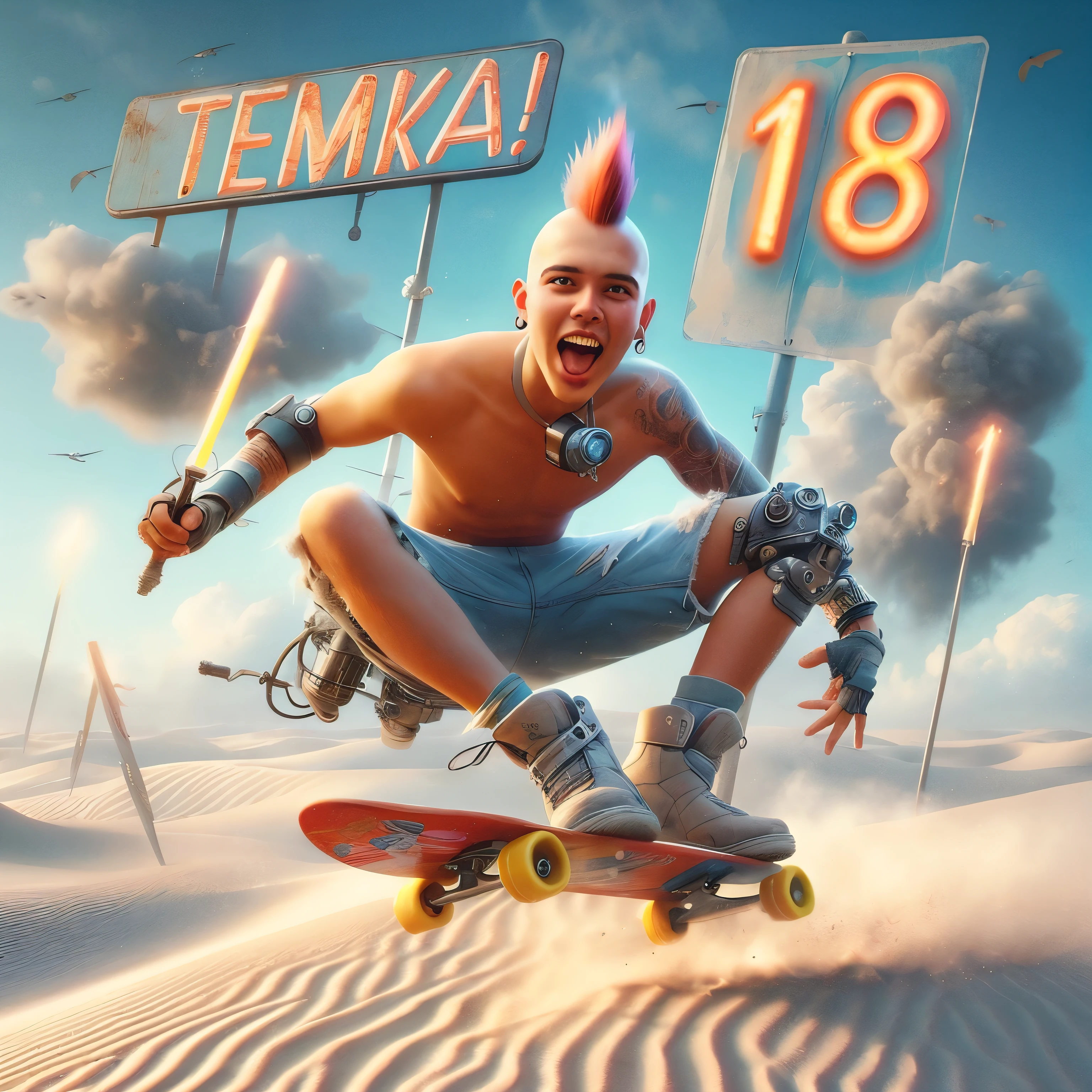 Retro birthday poster, title "TEMKA - 18!", vietnam, white sand dunes, man, 18 year old, Caucasian, beach wear, happy, skinhead, flying up in air on futuristic steampunk surfboard, looking at camera, steam clouds, photorealistic, masterpiece, trending on artstation 4k, 8k, HD, Eye-Level Shot,