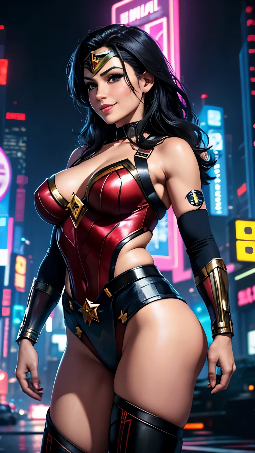 Masterpiece, Best quality, 1 ((smiling)) Девушка Wonder Woman , Cyberpunk Harajuku Harness, bold colors and patterns, Attractive accessories, fashionable and innovative hairstyle, Stunning cyberpunk cityscape, skyscrapers, glowing neon signs, LED lights, anime illustration, Detailed leather texture, detailed fabric texture, beautiful detailed face, complex parts, ultra detailed, cinematic lighting, strong contrast.