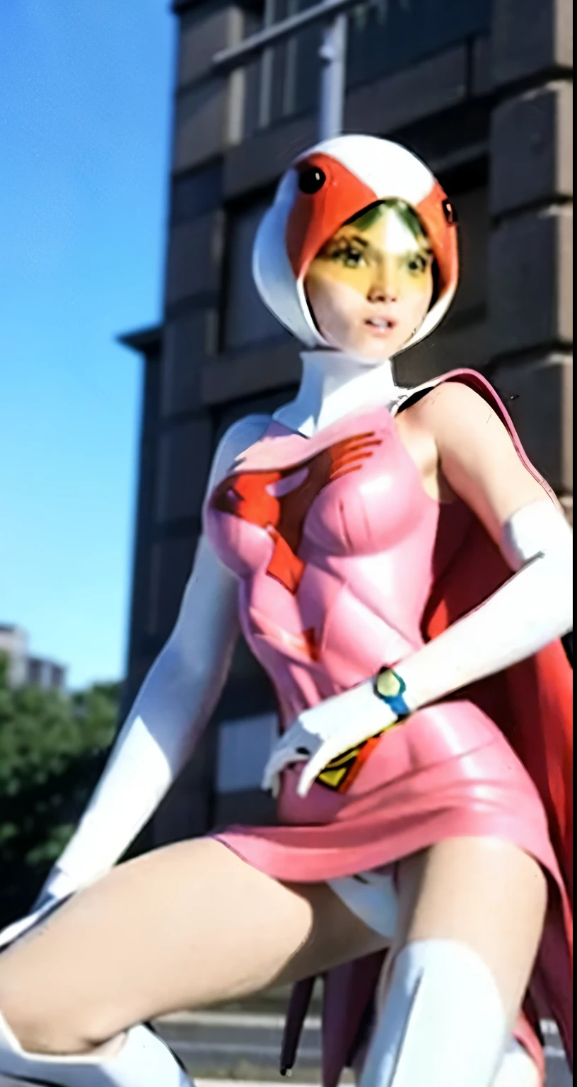 Highest image quality、real image、super detailed photo、18-year-old美少女、ポニーテールbeautiful woman、beautiful sister、A woman wearing a pink dress and cloak is squatting in front of a building,spread legs、showwhitepanties,whitepanties,white panties、beautiful woman、Jun、beautiful sister、beautiful sister、 18-year-oldの女の子,白鳥のJun、knee high boots science ninja、white panties、beautiful woman、 As a retro-futuristic heroine, 18-year-old、As a retro-futuristic heroine, beautiful thighs、sheila, she - ra, anime female hero portrait, Portrait of a modern dharna, anime visual of super girl, super girl, official art, Dinah Drake, hironaka, Blowjob White Mecha Miniskirt