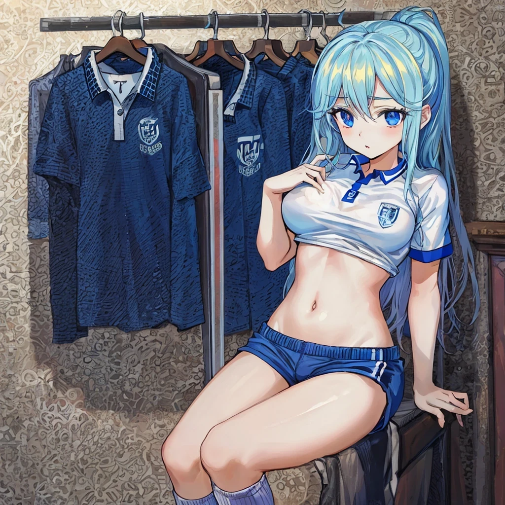 ((masterpiece,highest quality)),{{high quality background}},{{thin and beautiful eyes}},{{high school girl}}, {{Navel exposure}},{{soccer uniform}},{{wear socks}},{{locker room}},{{medium sized breasts}},blue eyes,slanted eyes,long hair,super dense skin,,thin and beautiful eyes,highlight,{{blonde}}, Life,Grind,medium sized breasts,{{avert your eyes}}, thin eyebrows,