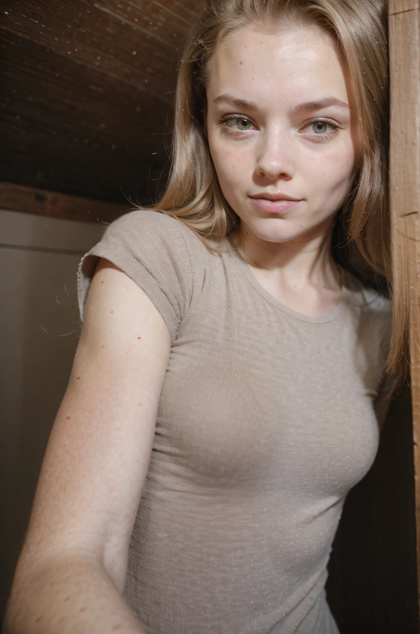 girl in, , Solo, Aesthetic artwork, irish, wavy ginger hair, shoulder length hair, gray eyes, light grey eyes, pale skin, A-cup, small breasts, runners body, (textured skin, skin pores:1.1), goosebumps, in a sundress, downblouse, sexy