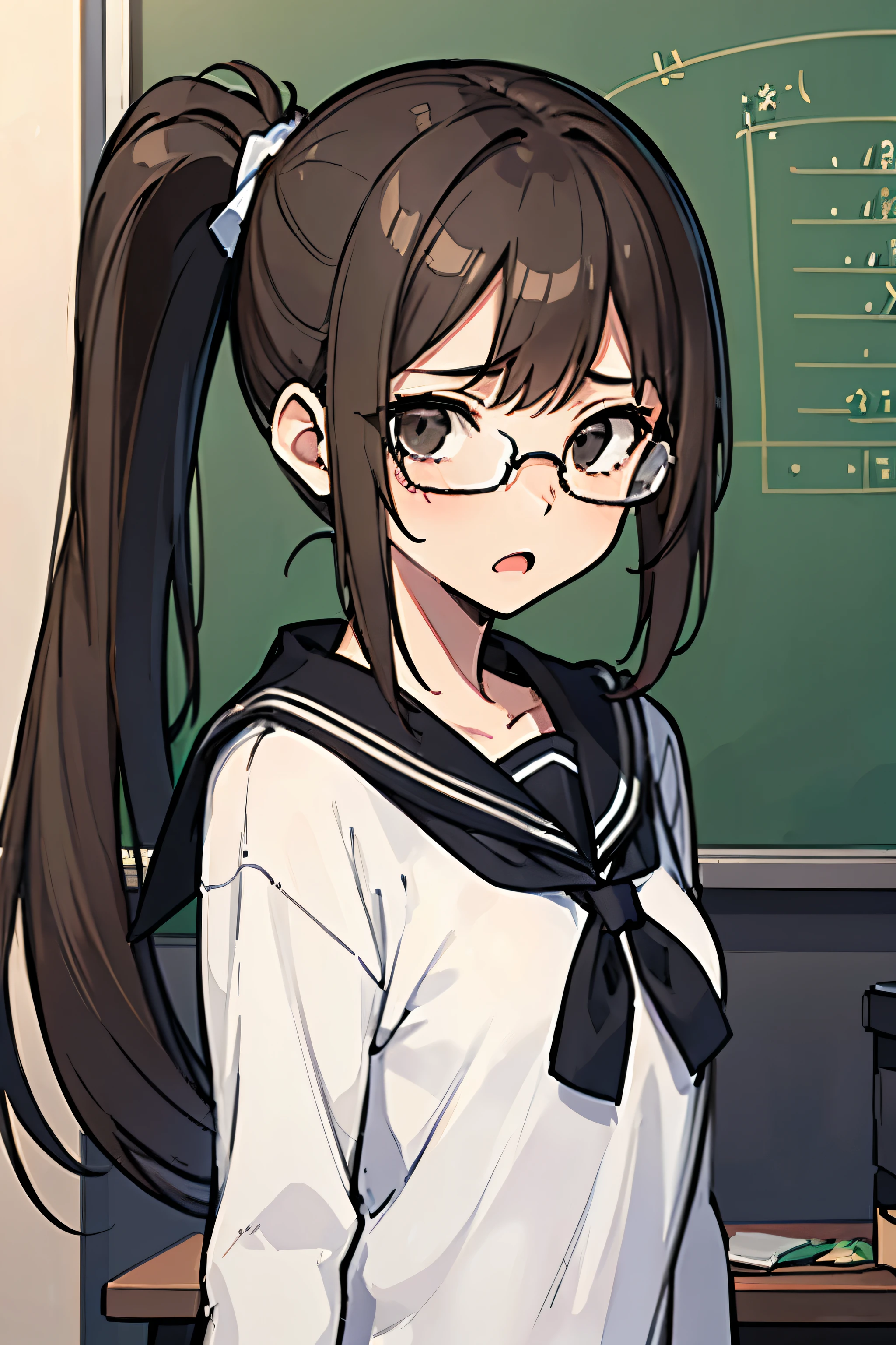 ((masterpiece, best quality)), 1girl, teenager, shy girl, panicking, open mouth, facing at camera, ((side ponytail)), half body, brown hair, black eyes, on the verge of tears, transparent glasses, classroom, whiteboard, standing in front of class