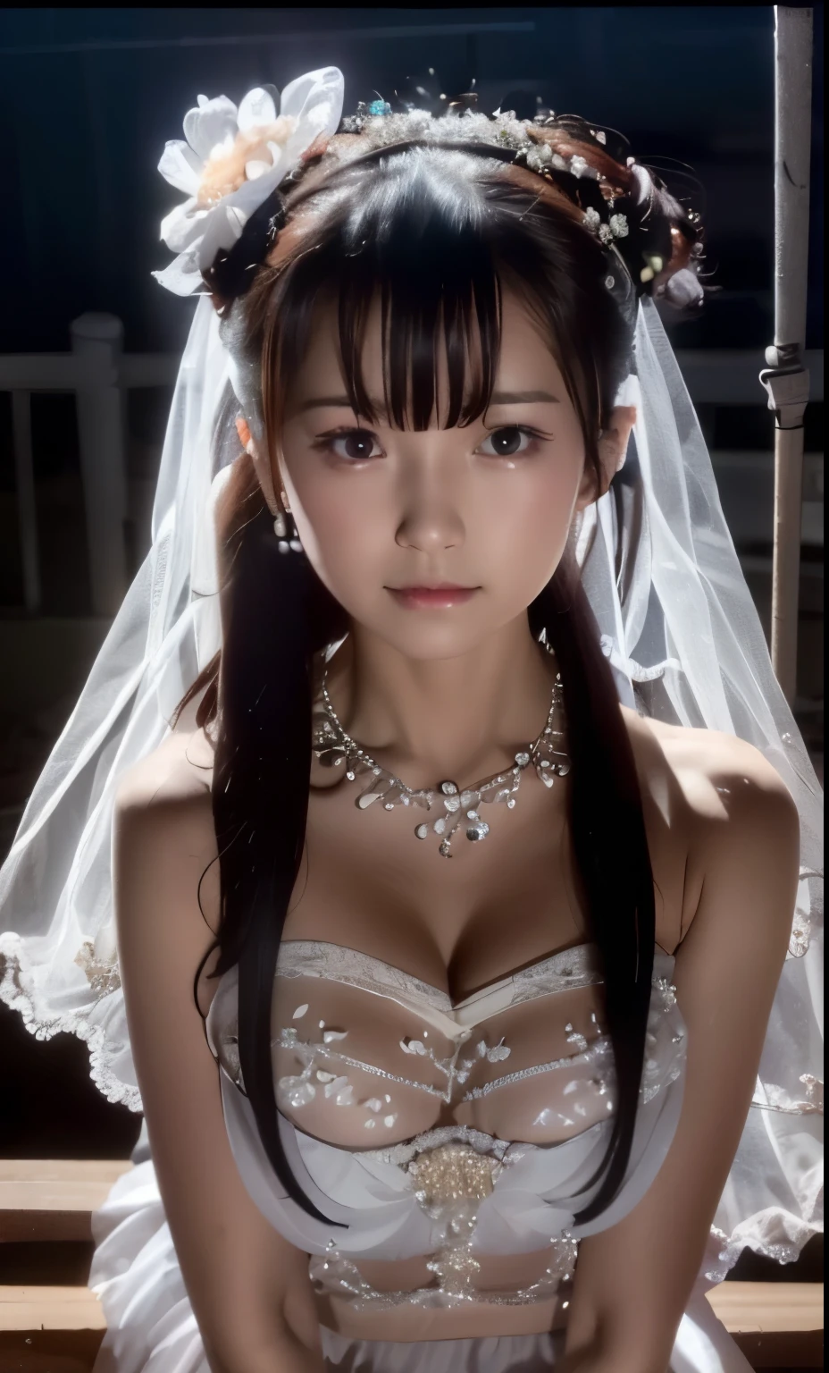 (((Pixel perfect, Perfect details))), alone, 1 girl，bride, yuigahama yui,  美丽bride穿美麗婚紗的特写,Gurwitz, (((bride頭紗)))，（transparent short veil），blush，eye shadow，Blushing face，Head flower，headgear，((bouquet))，((((tube top wedding dress))))，(((strapless wedding dress))),(bare shoulders)，pure white dress，(necklace)，((earrings))，(large breasts:1.3)，Bangs，lipstick，((White long elbow gloves)),Half-length photo,High-detail RAW color art,White long skirt,There is a railway track next to it，(standing on the railroad tracks:1.3),18 years old, （long twintails：1.5）,(double bun:1.5), black hair,