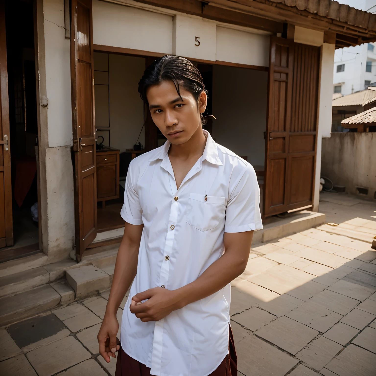 Burmese cloth, white sport shirt, hair half-parted, 27 years old. Sule Pagoda, apartment next to it, vendors' cars