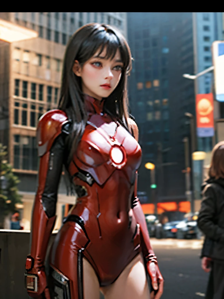 highest quality、long black hair woman、sharp eyes、Red Iron Man Suit、small breasts、High leg、No sleeve、cyberpunk city at night