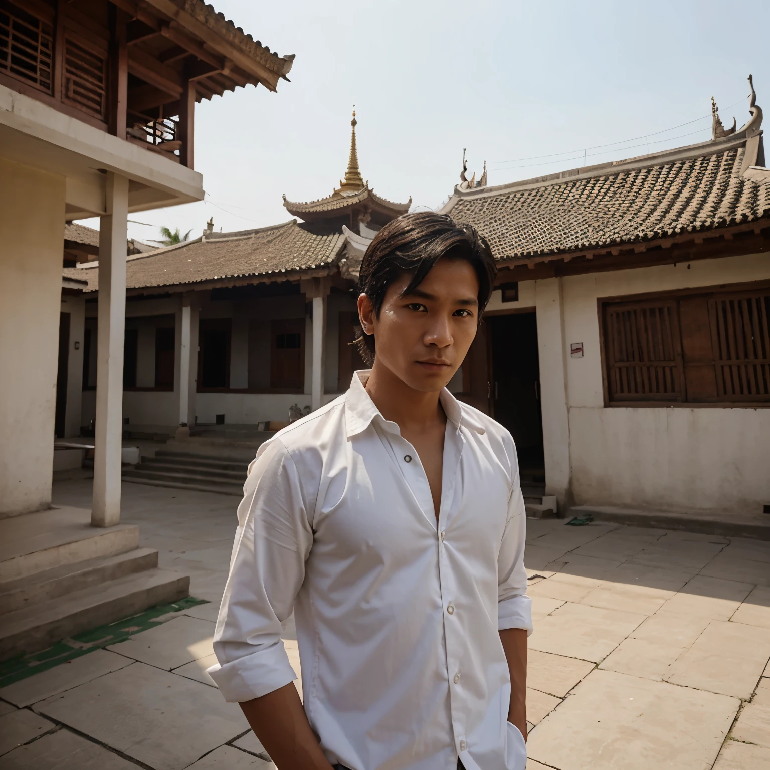 Burmese cloth, white sport shirt, hair half-parted, 27 years old.  Sule Pagoda, apartment next to it, vendors' cars