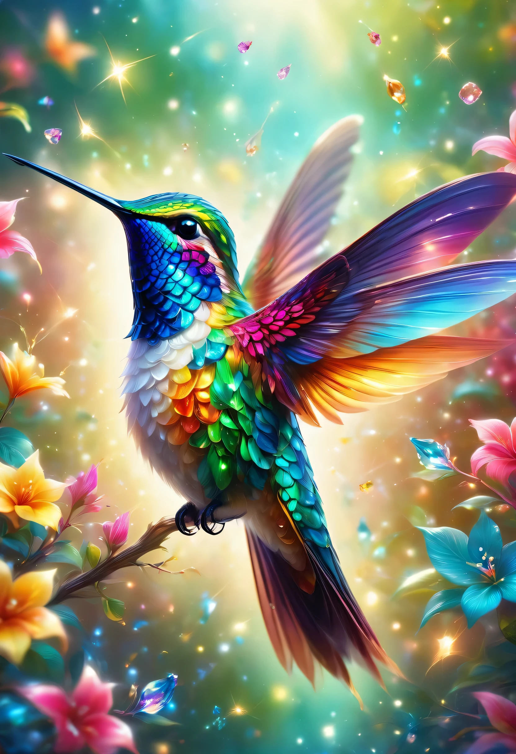 hummingbird isolated in black background,What a beautiful hummingbird,adorable,small,cute,very beautiful,rendering,realism,dream-like,magic essence,rich colors,Cast colorful spells,masterpiece,最高masterpiece,highest quality,8k,be familiar withなディティール,In detail,flash,とてもflash,reflection,Vibrant colors,be familiar with,delicately